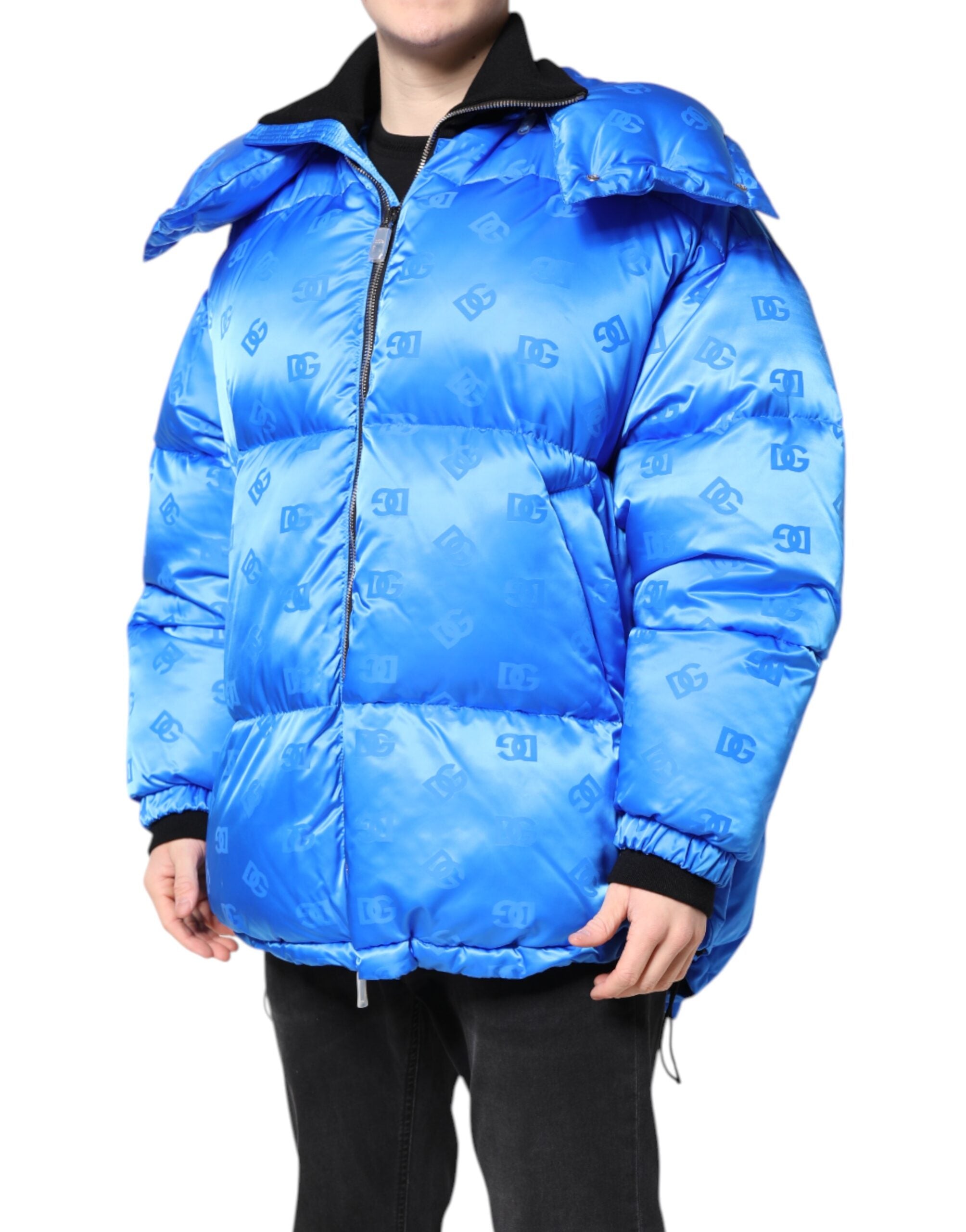 Dolce & Gabbana Blue Logo Full Zip Hooded Quilted Jacket Dolce & Gabbana