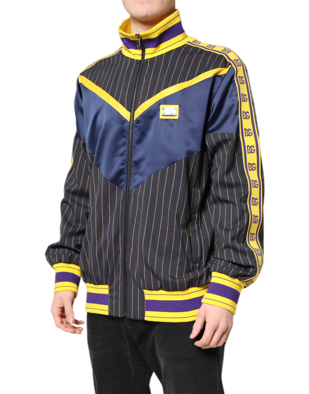 Dolce & Gabbana Black Striped Logo Full Zip Bomber Jacket