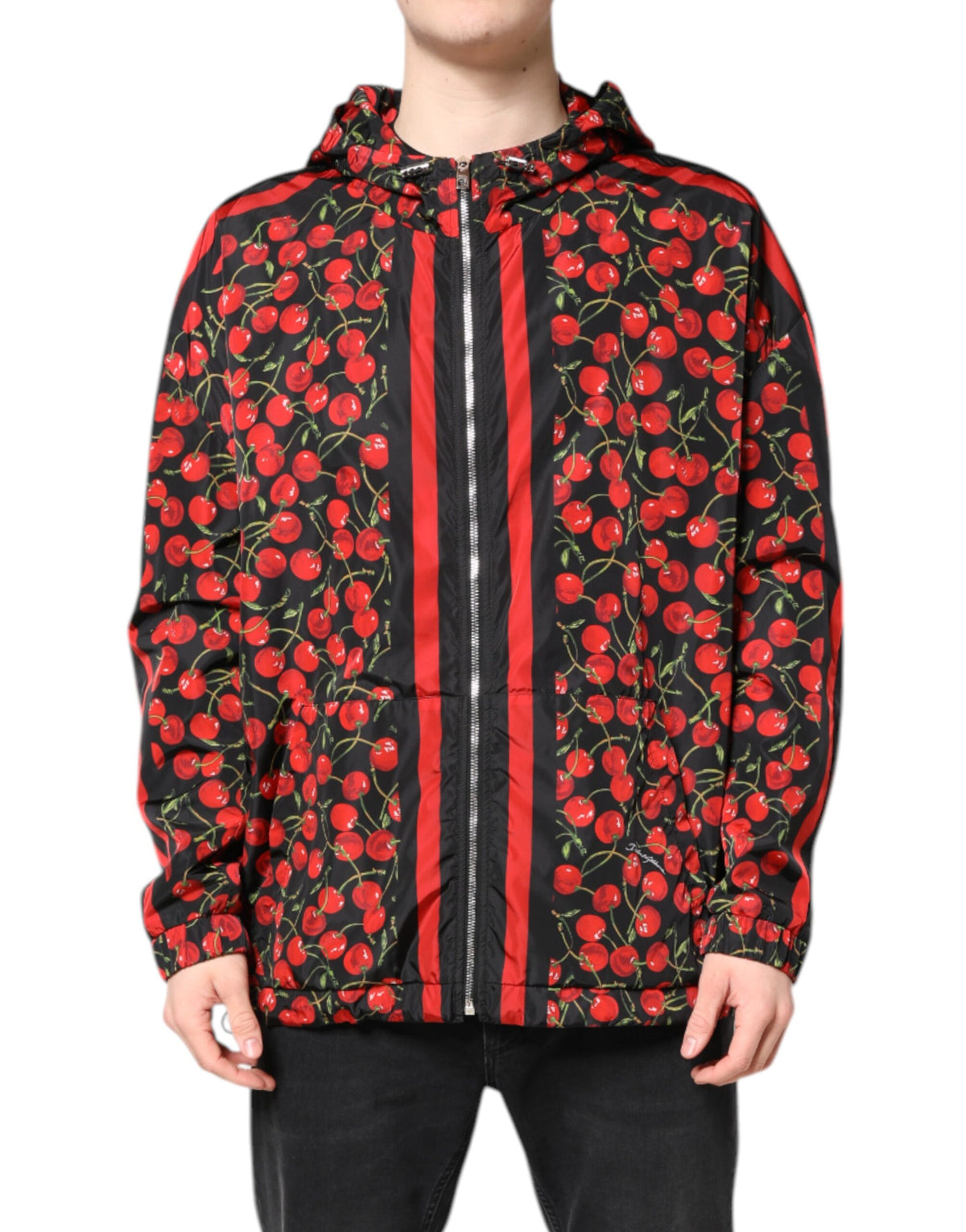 Dolce & Gabbana Black Cherry Print Hooded Windbreaker Jacket