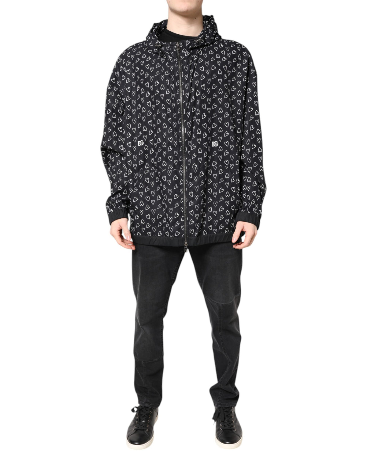 Dolce & Gabbana Black Heart Print Hooded Windbreaker Jacket