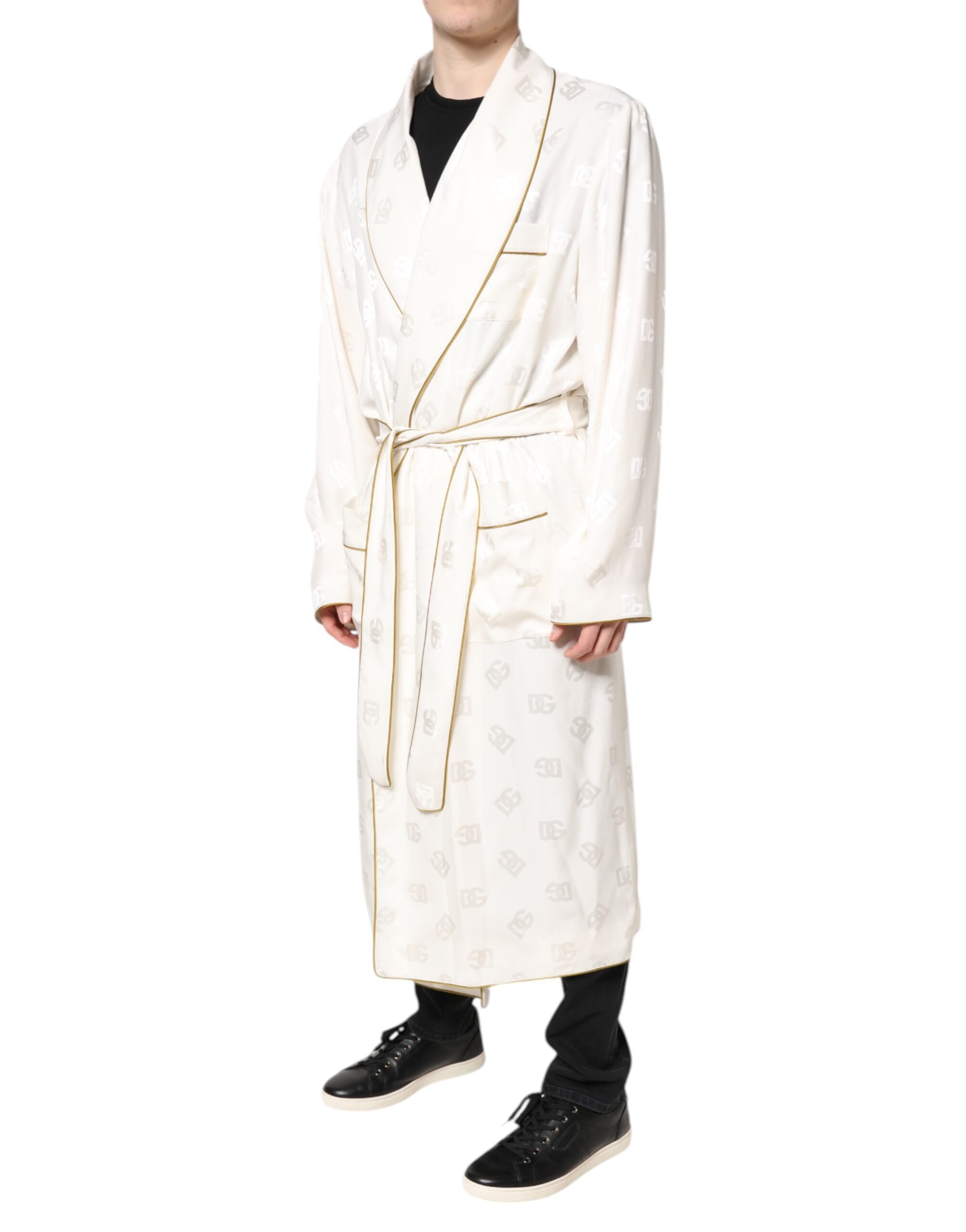 Dolce & Gabbana Ivory Silk Logo Men Wrap Robe Coat Jacket Dolce & Gabbana
