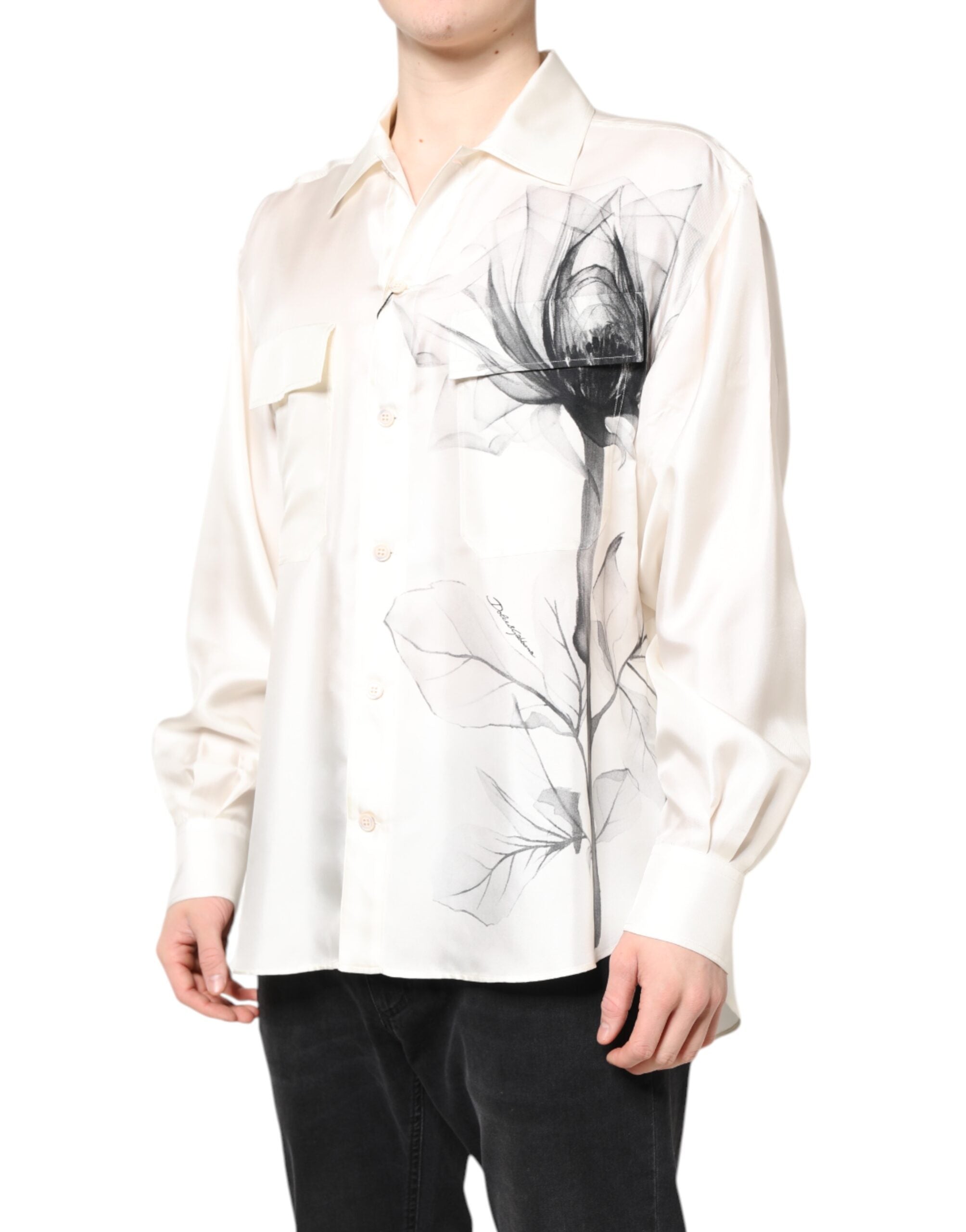 Dolce & Gabbana Ivory Silk Long Sleeves Men Casual Shirt Dolce & Gabbana