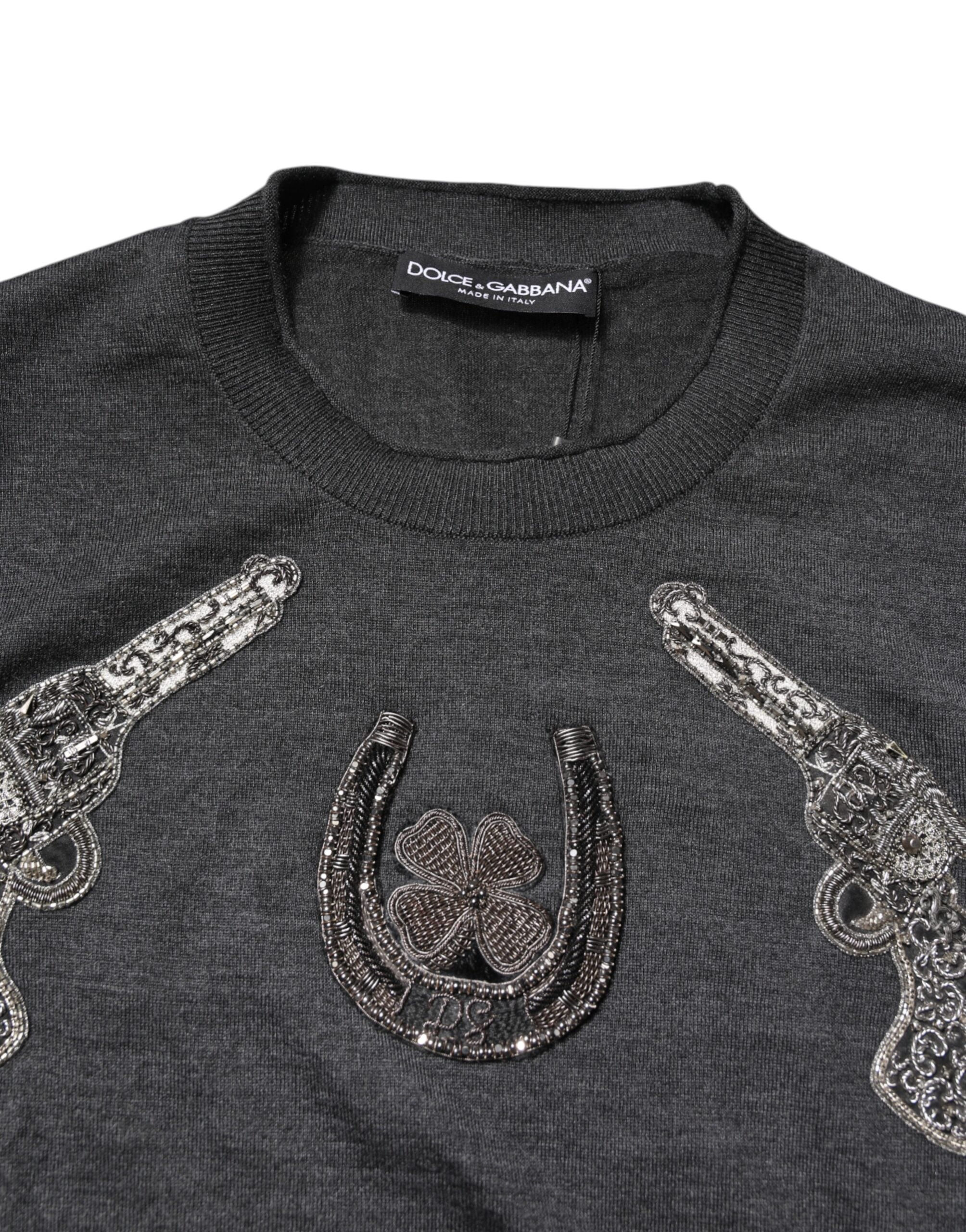 Dolce & Gabbana Gray Embroidery Knit Men Pullover Sweater Dolce & Gabbana