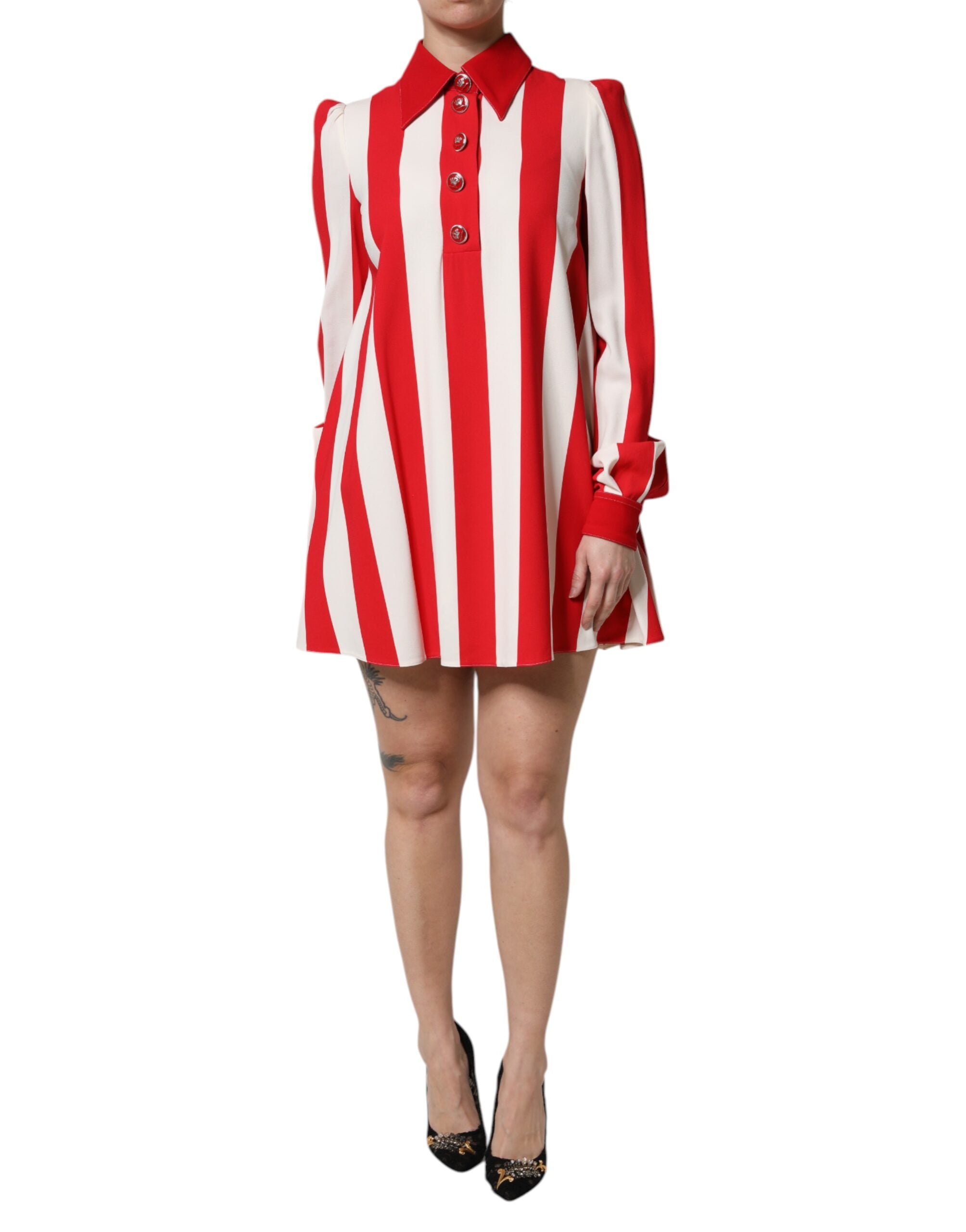 Dolce & Gabbana White Red Stripes Long Sleeves Mini Dress Dolce & Gabbana