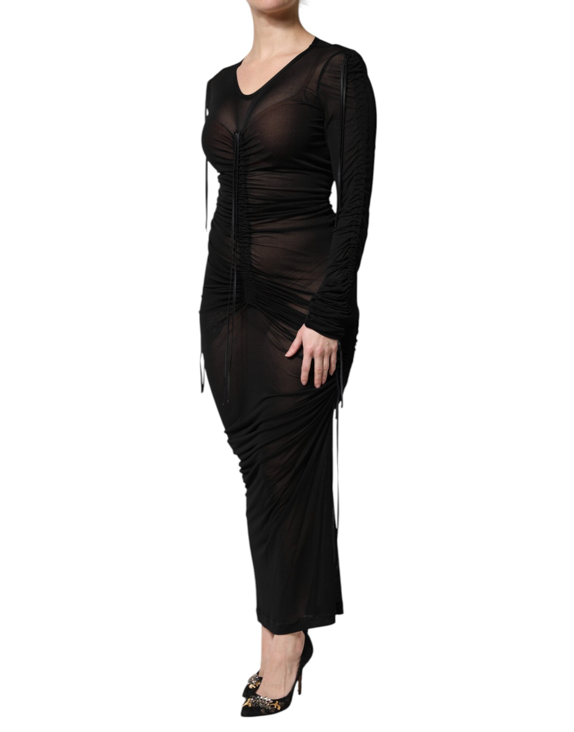 Dolce & Gabbana Black Mesh Trim Bodycon Long Sheath Dress Dolce & Gabbana
