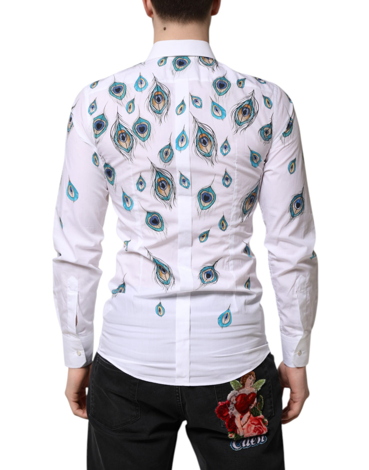 Dolce & Gabbana White Cotton Feather Print GOLD Dress Shirt