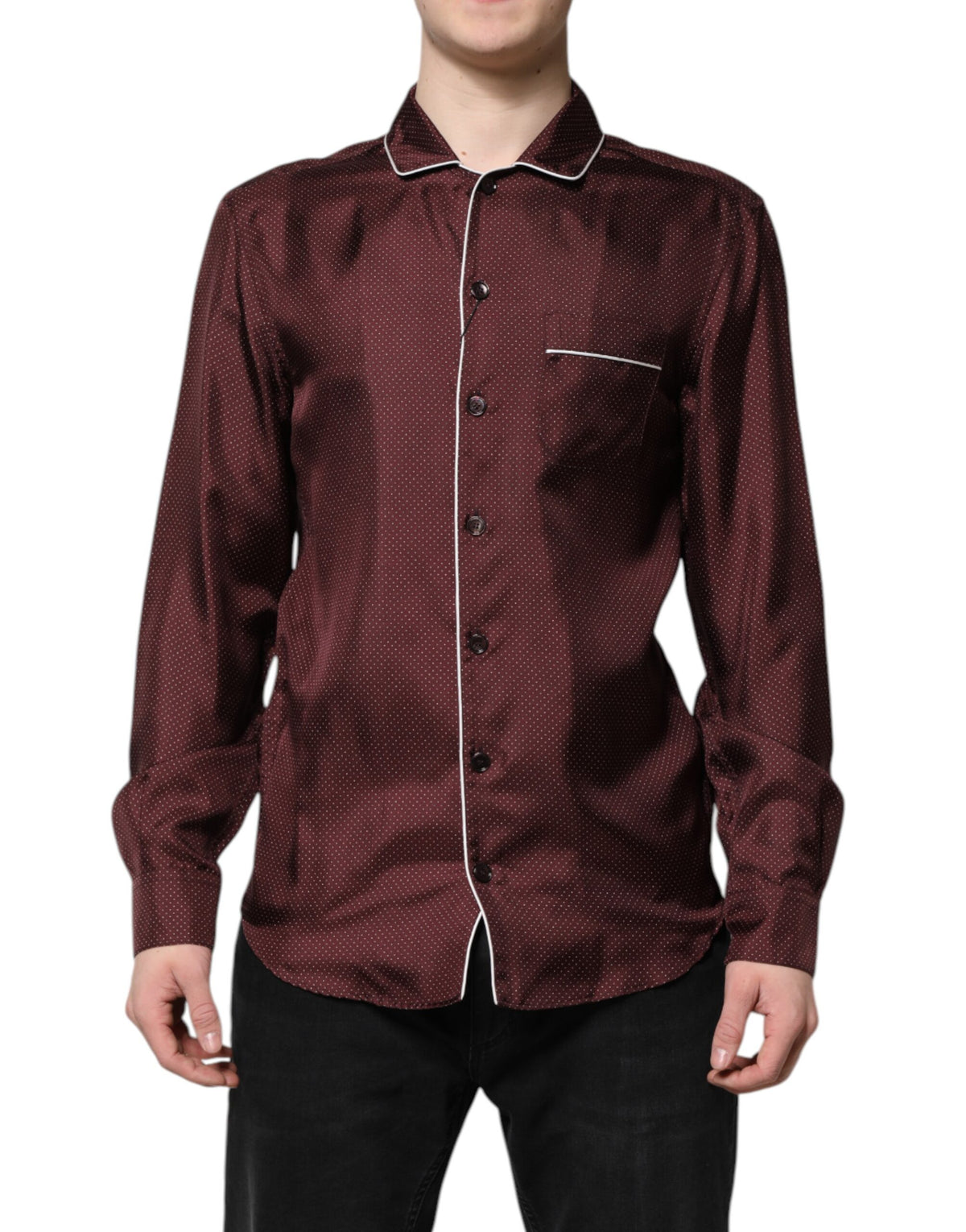 Dolce & Gabbana Burgundy Silk Dotted Long Sleeves Shirt