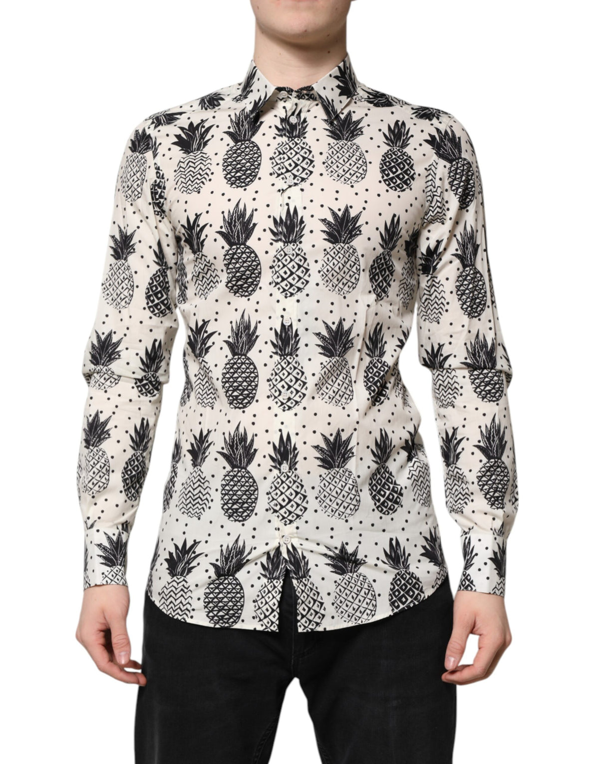 Dolce & Gabbana White Pineapple Print Long Sleeve GOLD Shirt