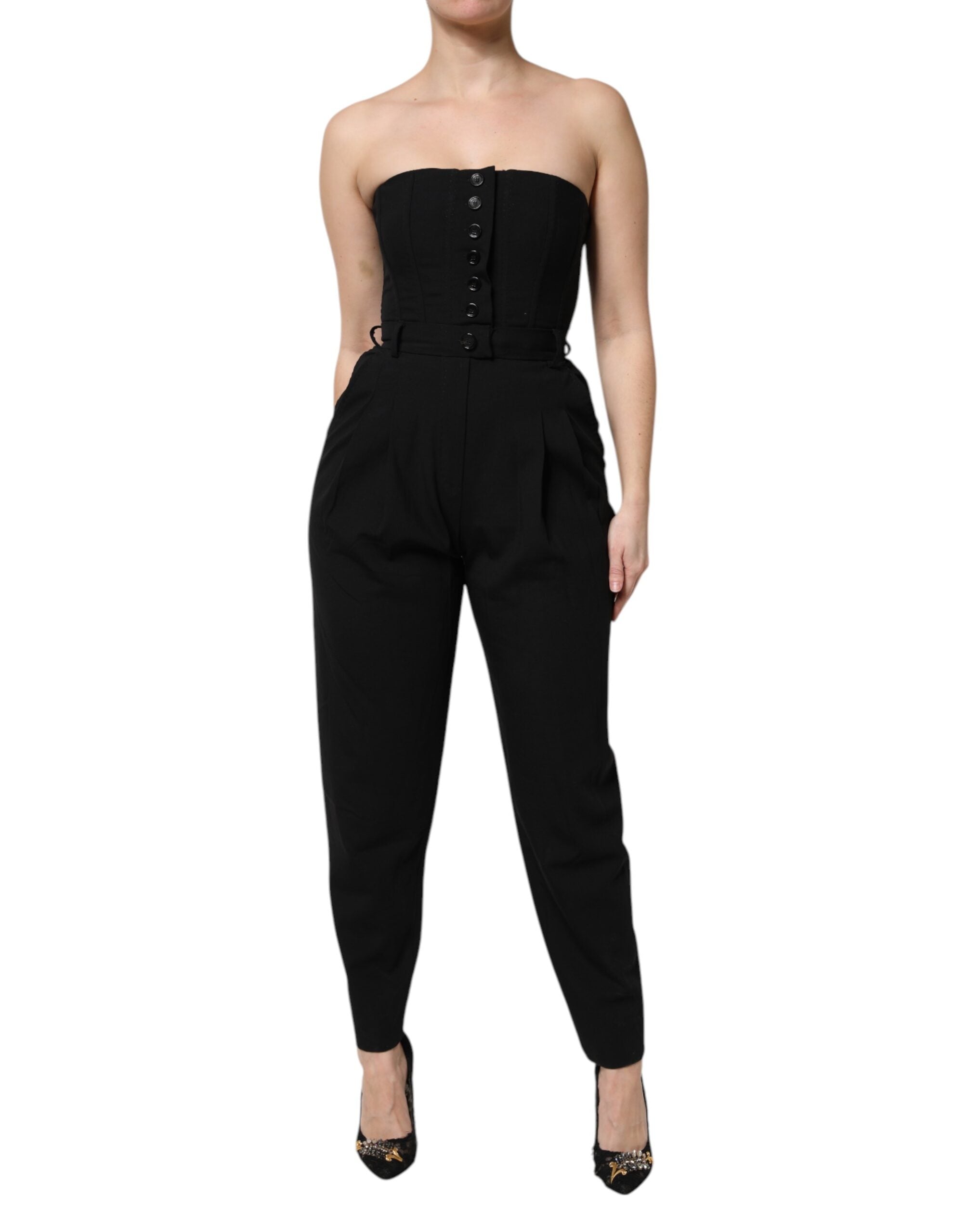 Dolce & Gabbana Black Wool Strapless Romper Jumpsuit Dress Dolce & Gabbana