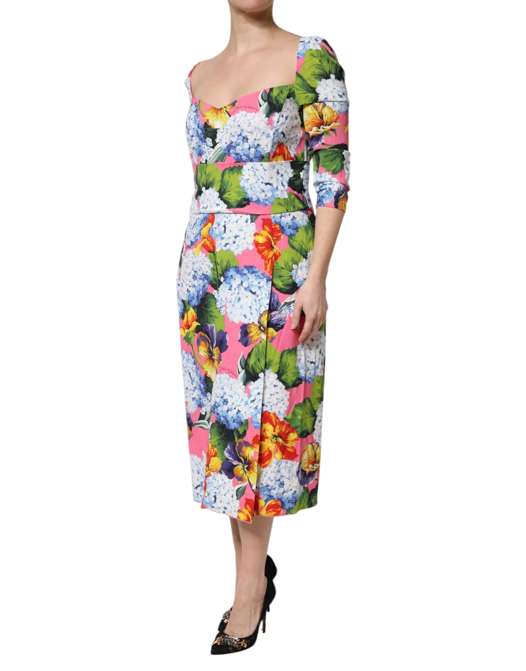Dolce & Gabbana Multicolor Floral Pleated Sheath Midi  Dress Dolce & Gabbana