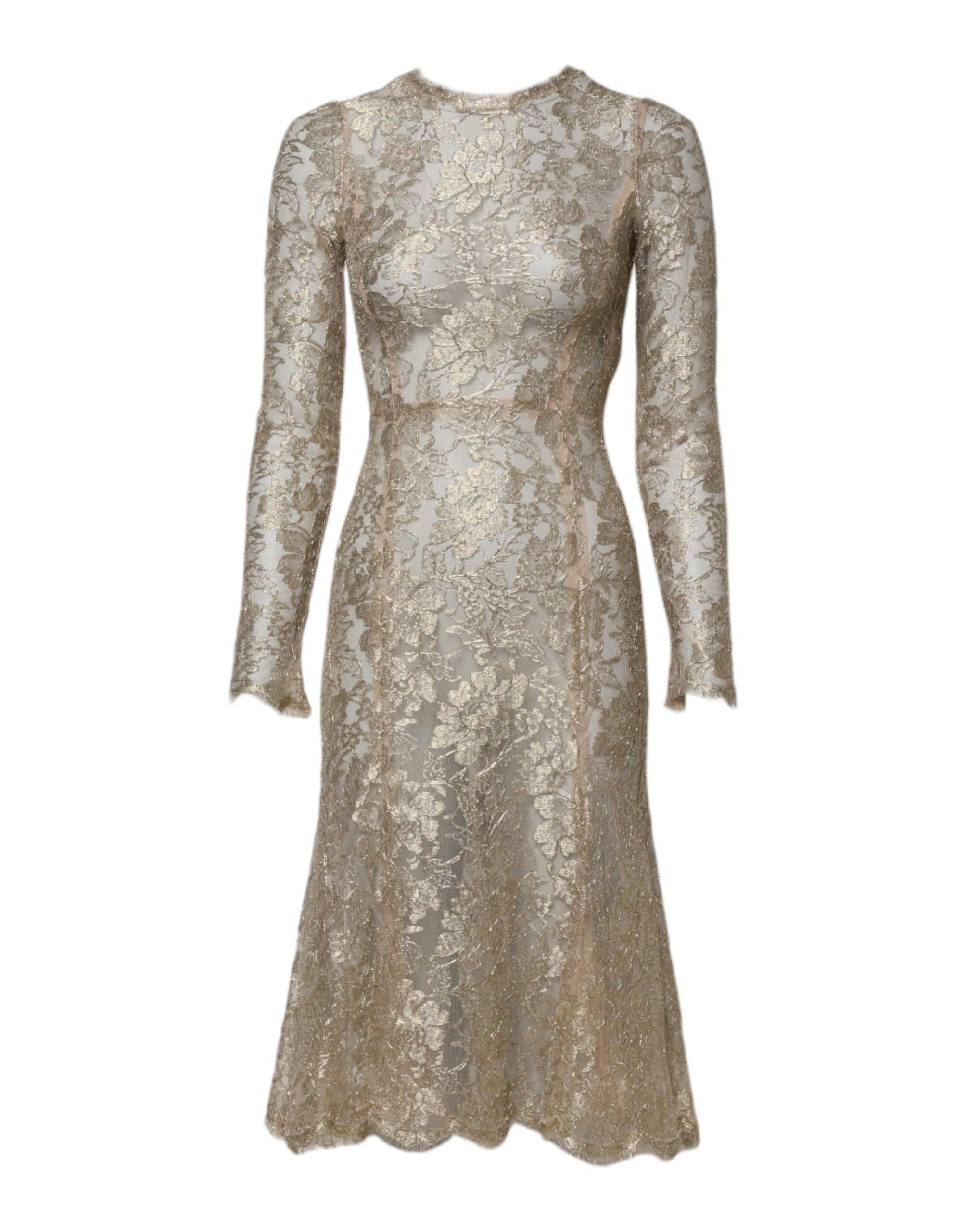 Dolce & Gabbana Gold Floral Lace Long Sleeves Fit & Flare Dress Dolce & Gabbana