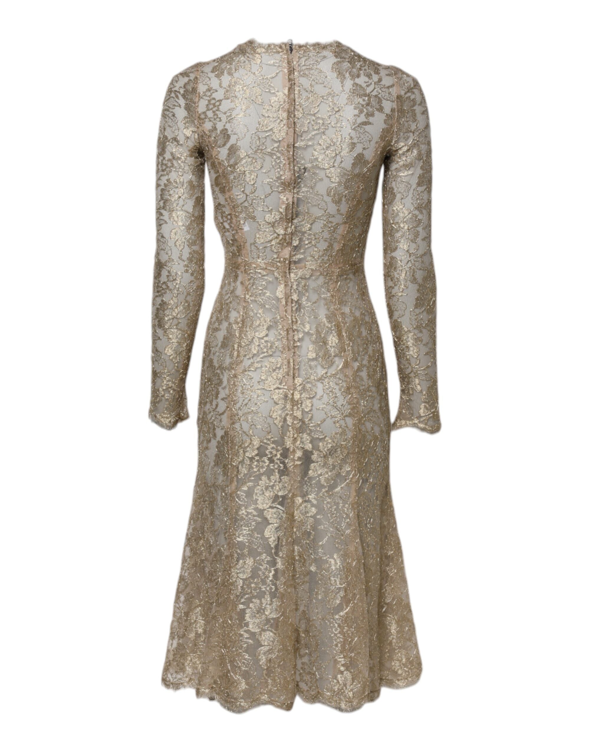 Dolce & Gabbana Gold Floral Lace Long Sleeves Fit & Flare Dress Dolce & Gabbana