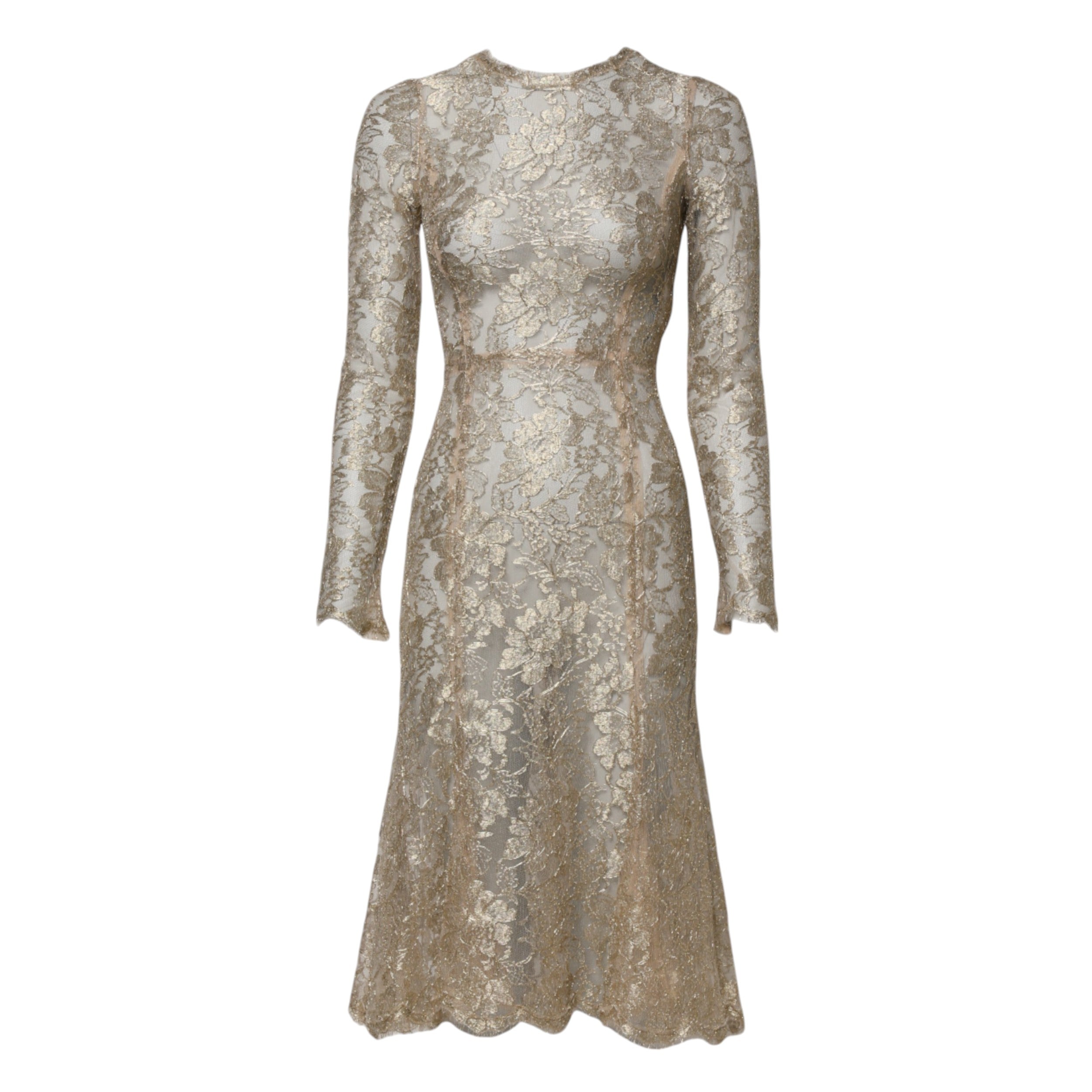 Dolce & Gabbana Gold Floral Lace Long Sleeves Fit & Flare Dress Dolce & Gabbana