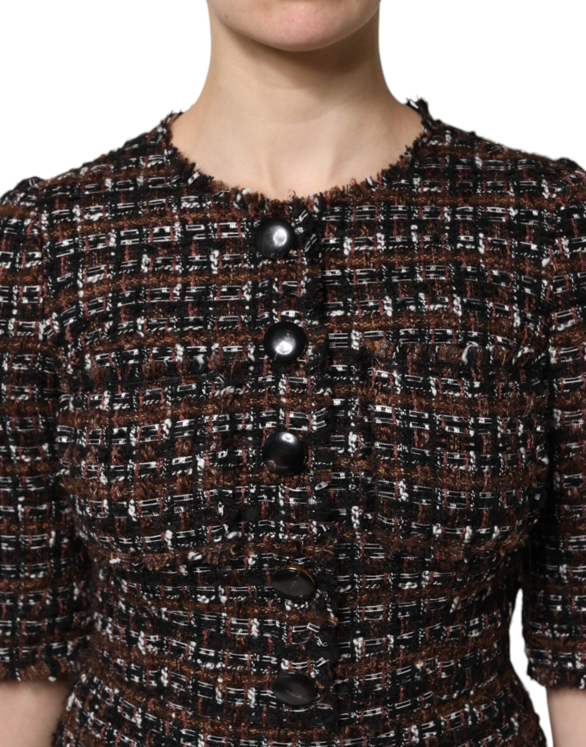 Dolce & Gabbana Brown Tweed Short Sleeves A-line Mini Dress Dolce & Gabbana