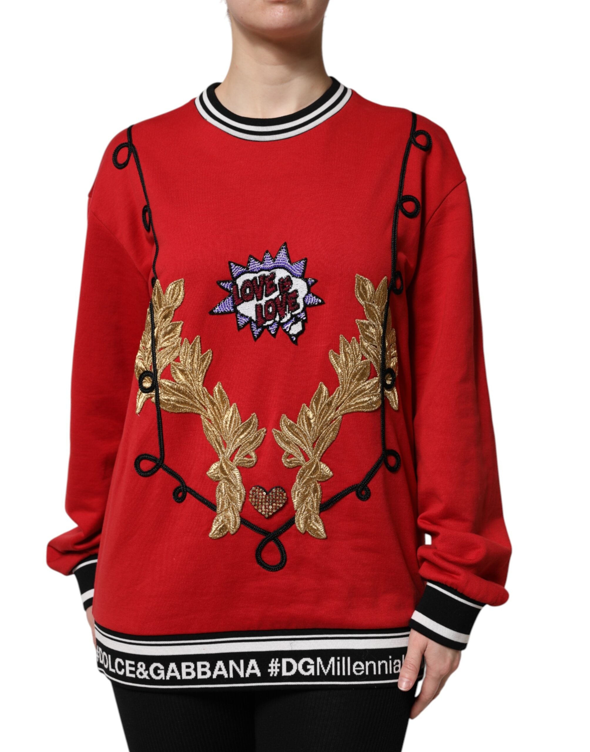 Dolce & Gabbana Red Cotton Queen Sequined Pullover Sweater Dolce & Gabbana