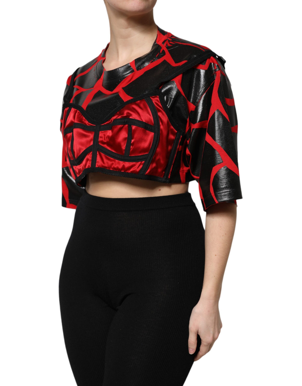 Dolce & Gabbana Red Black Cotton Bustier Detailing Cropped Top
