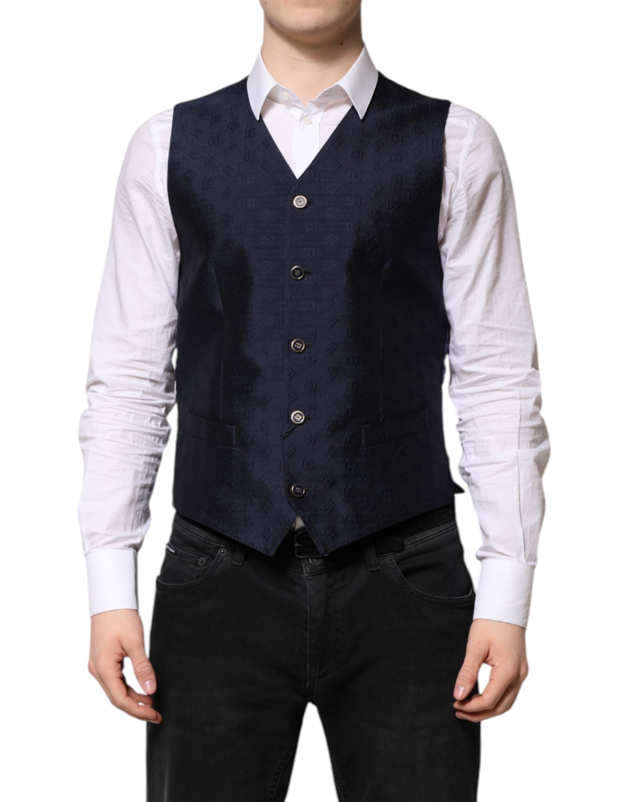 Dolce & Gabbana Dark Blue Logo Wool Formal Men Waistcoat Vest Dolce & Gabbana