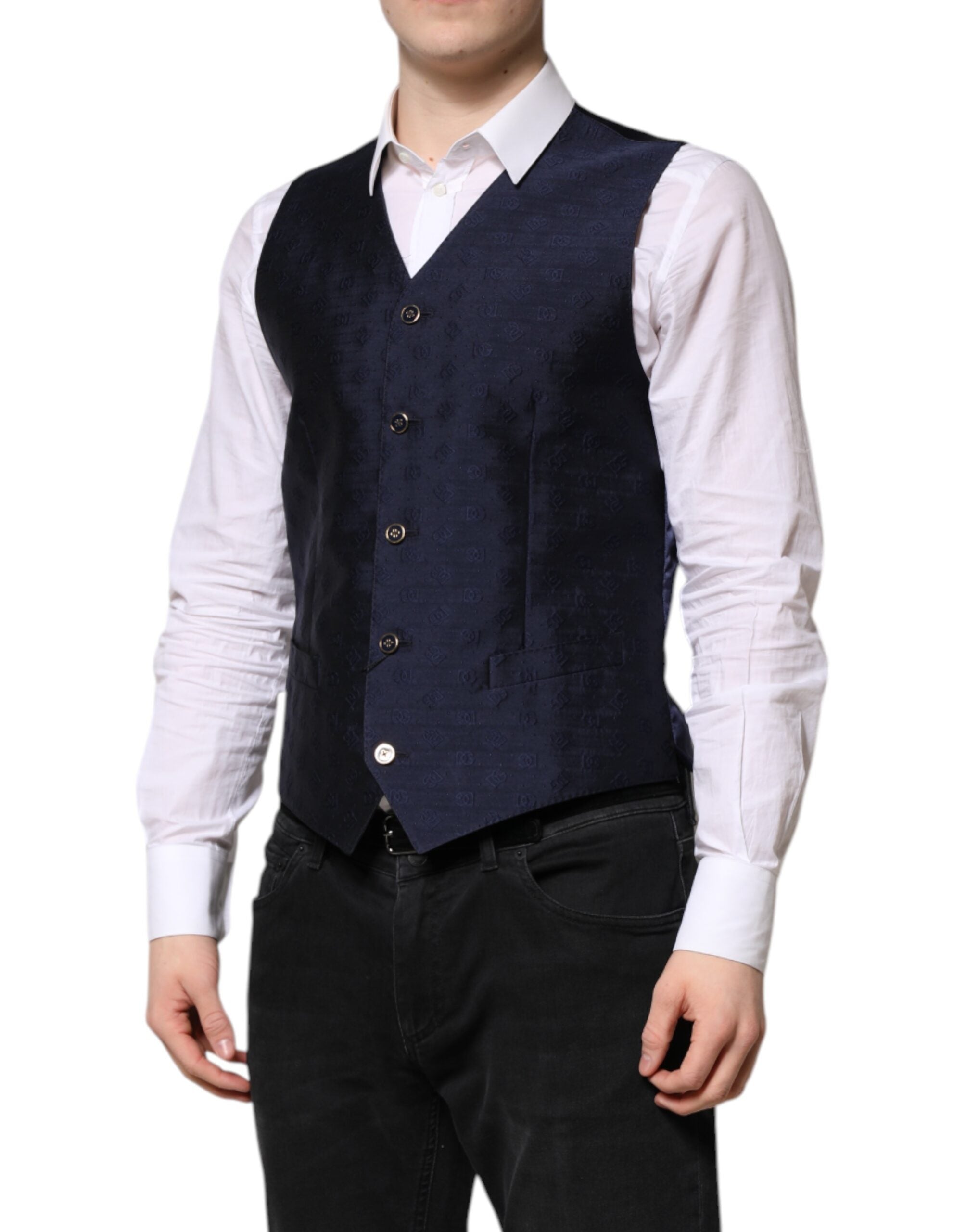 Dolce & Gabbana Dark Blue Logo Wool Formal Men Waistcoat Vest Dolce & Gabbana