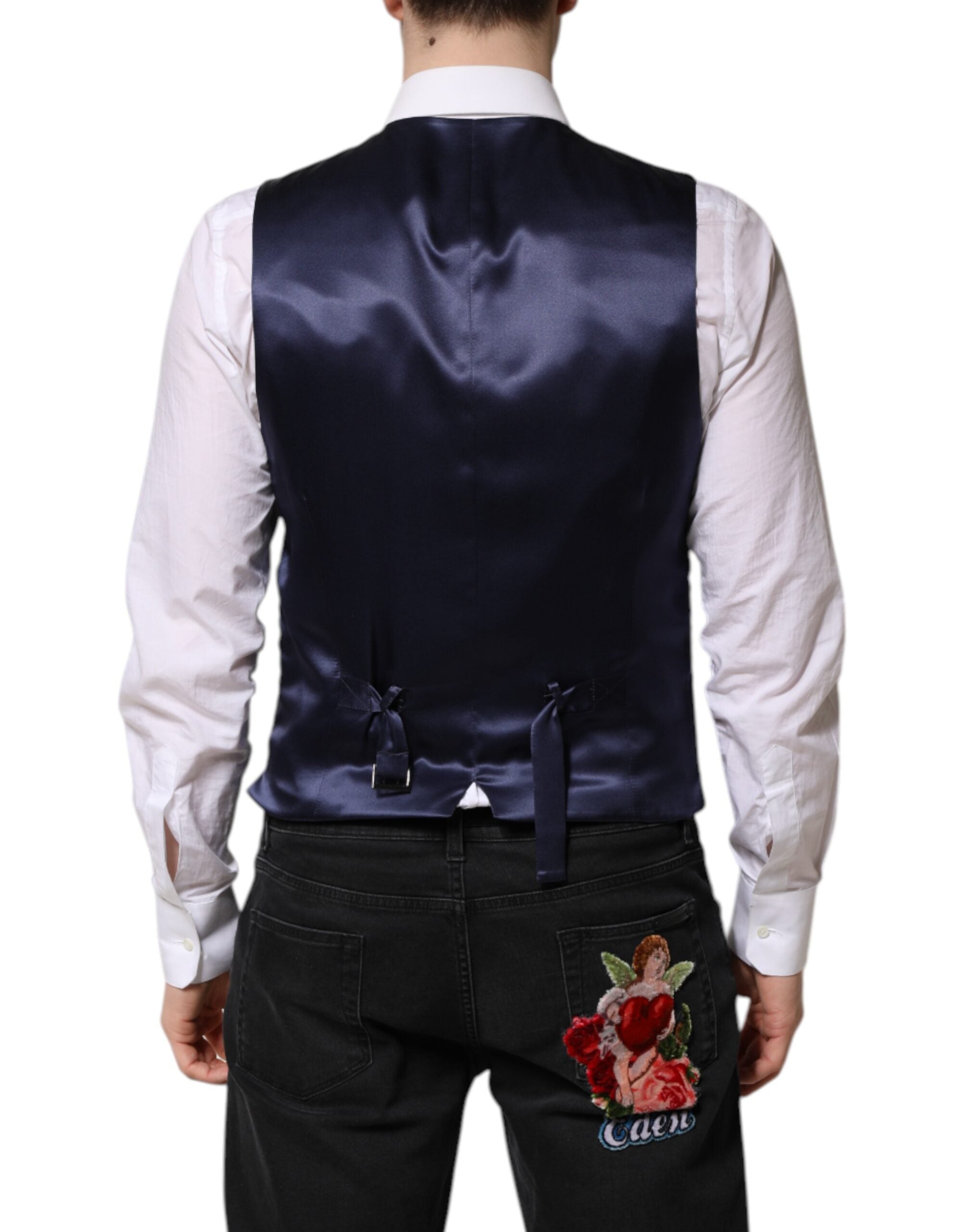 Dolce & Gabbana Dark Blue Logo Wool Formal Men Waistcoat Vest Dolce & Gabbana