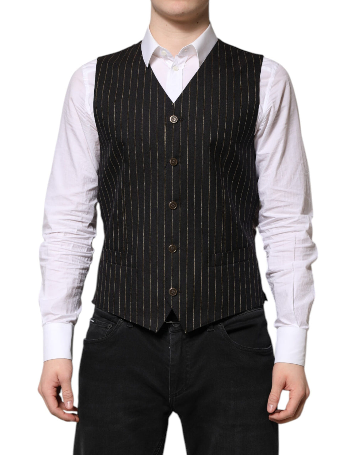 Dolce & Gabbana Black Stripes Wool Formal Men Waistcoat Vest