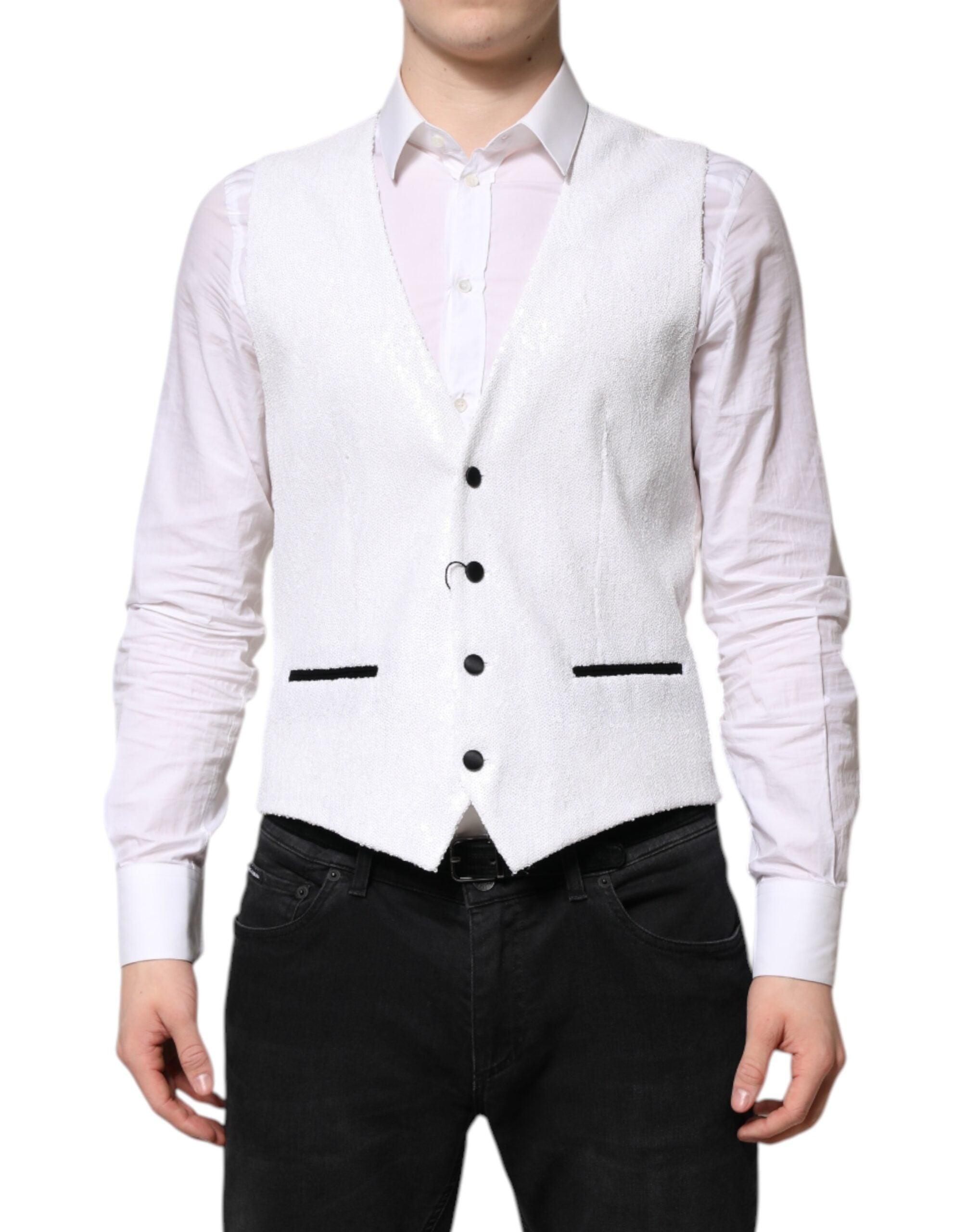 Dolce & Gabbana White Sequined Dress Formal Waistcoat Vest Dolce & Gabbana