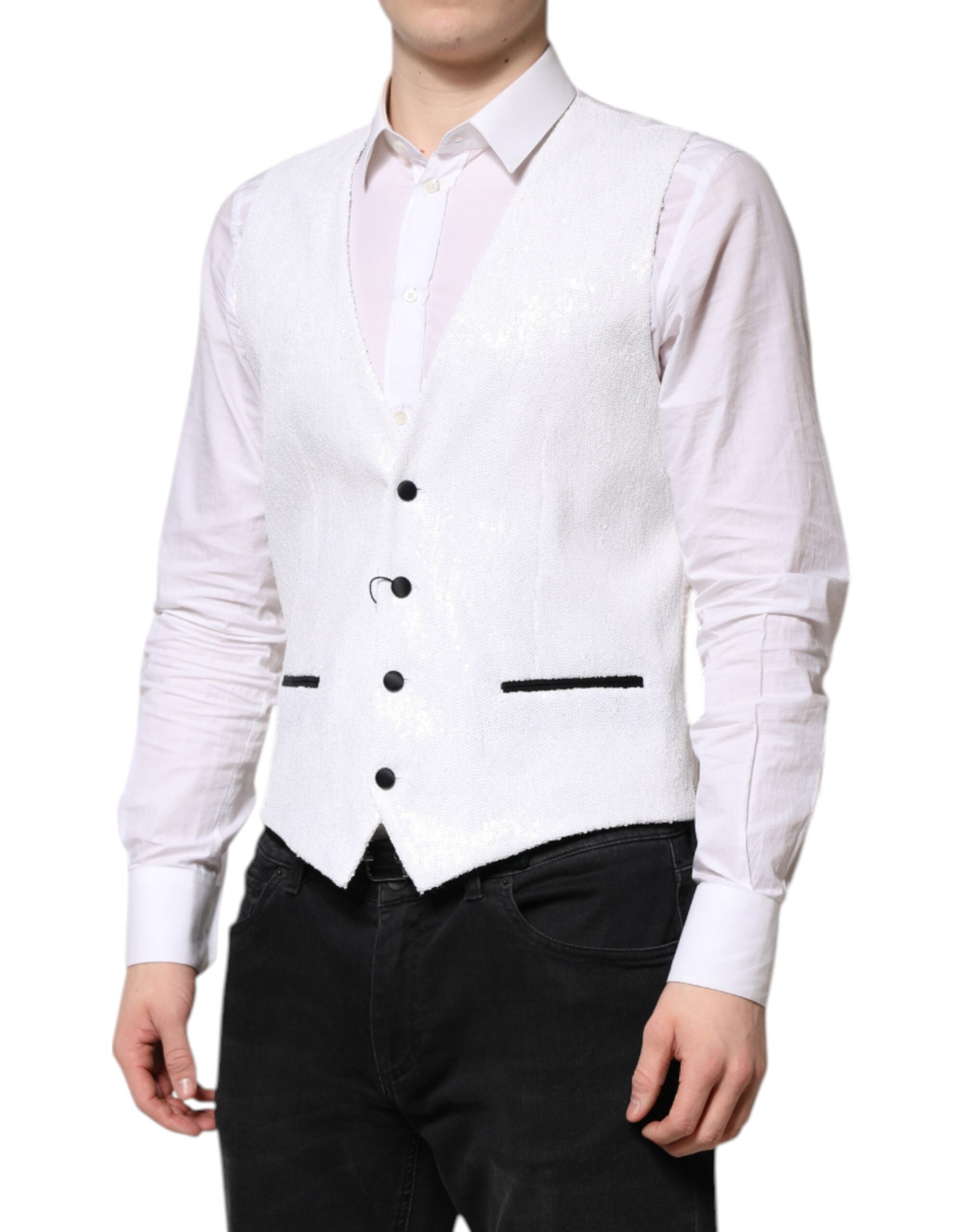 Dolce & Gabbana White Sequined Dress Formal Waistcoat Vest Dolce & Gabbana