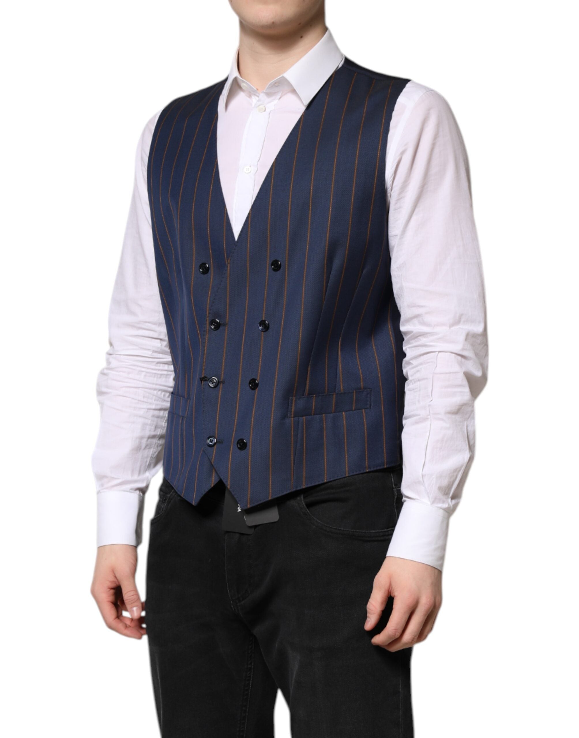 Dolce & Gabbana Blue Stripes Wool Formal Men Waistcoat Vest Dolce & Gabbana