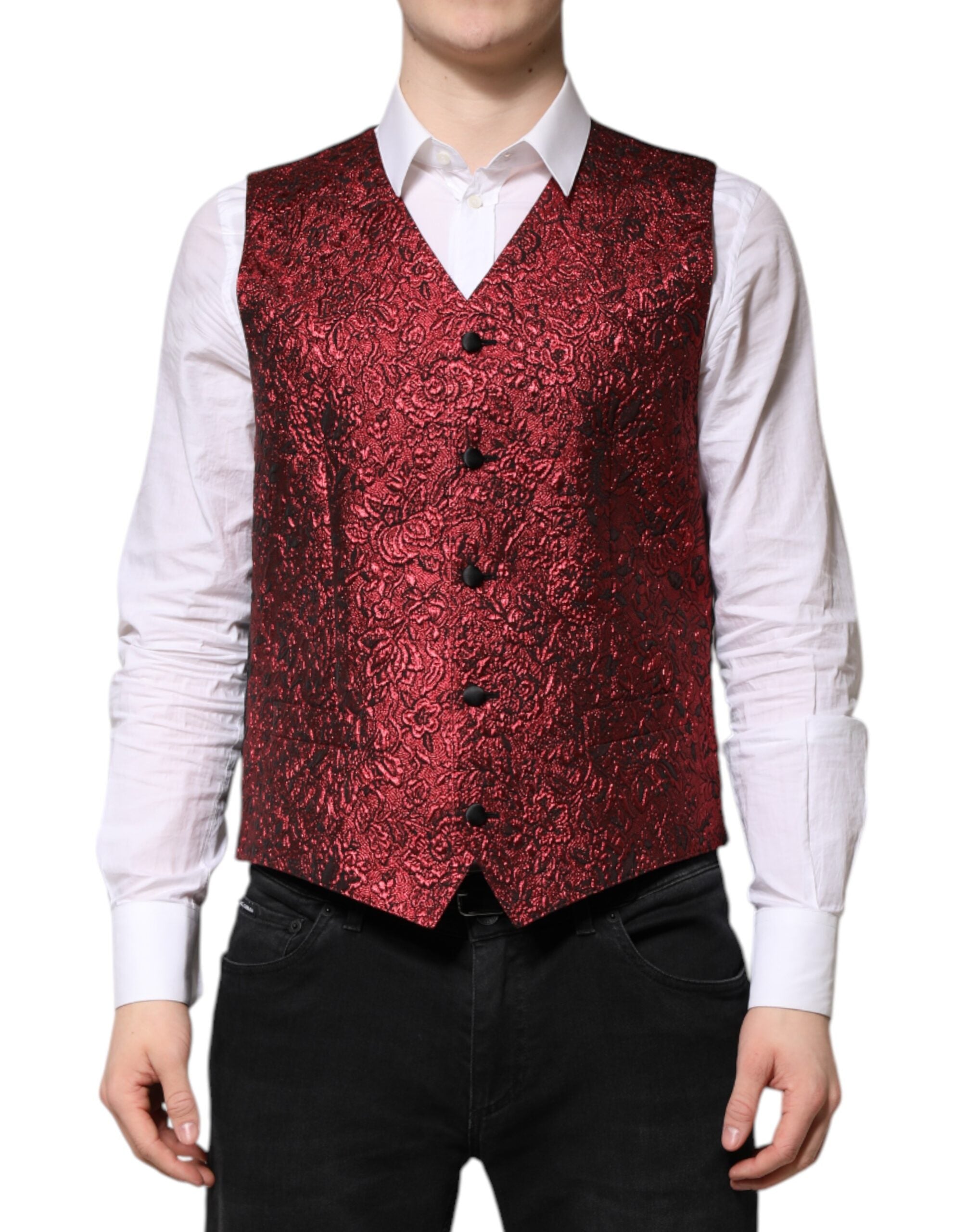 Dolce & Gabbana Red Floral Brocade Formal Men Waistcoat Vest Dolce & Gabbana