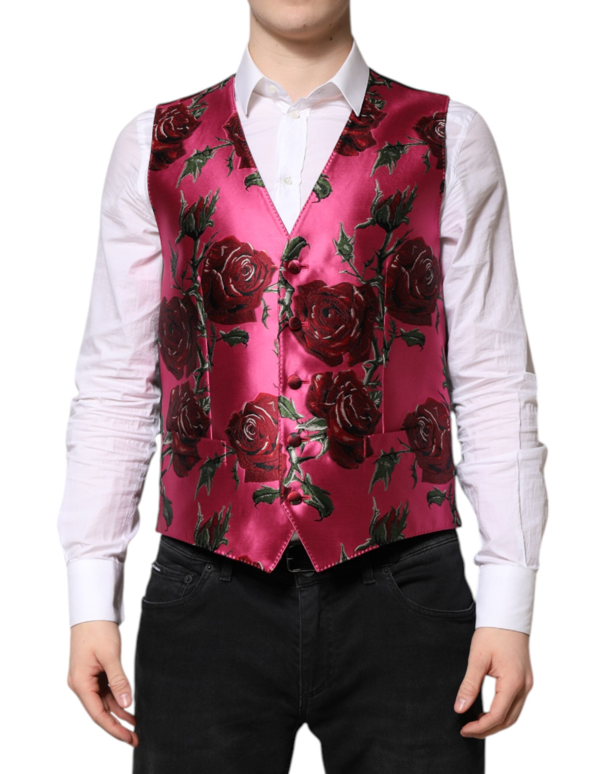 Dolce & Gabbana Pink Floral Satin Formal Men Waistcoat Vest Dolce & Gabbana