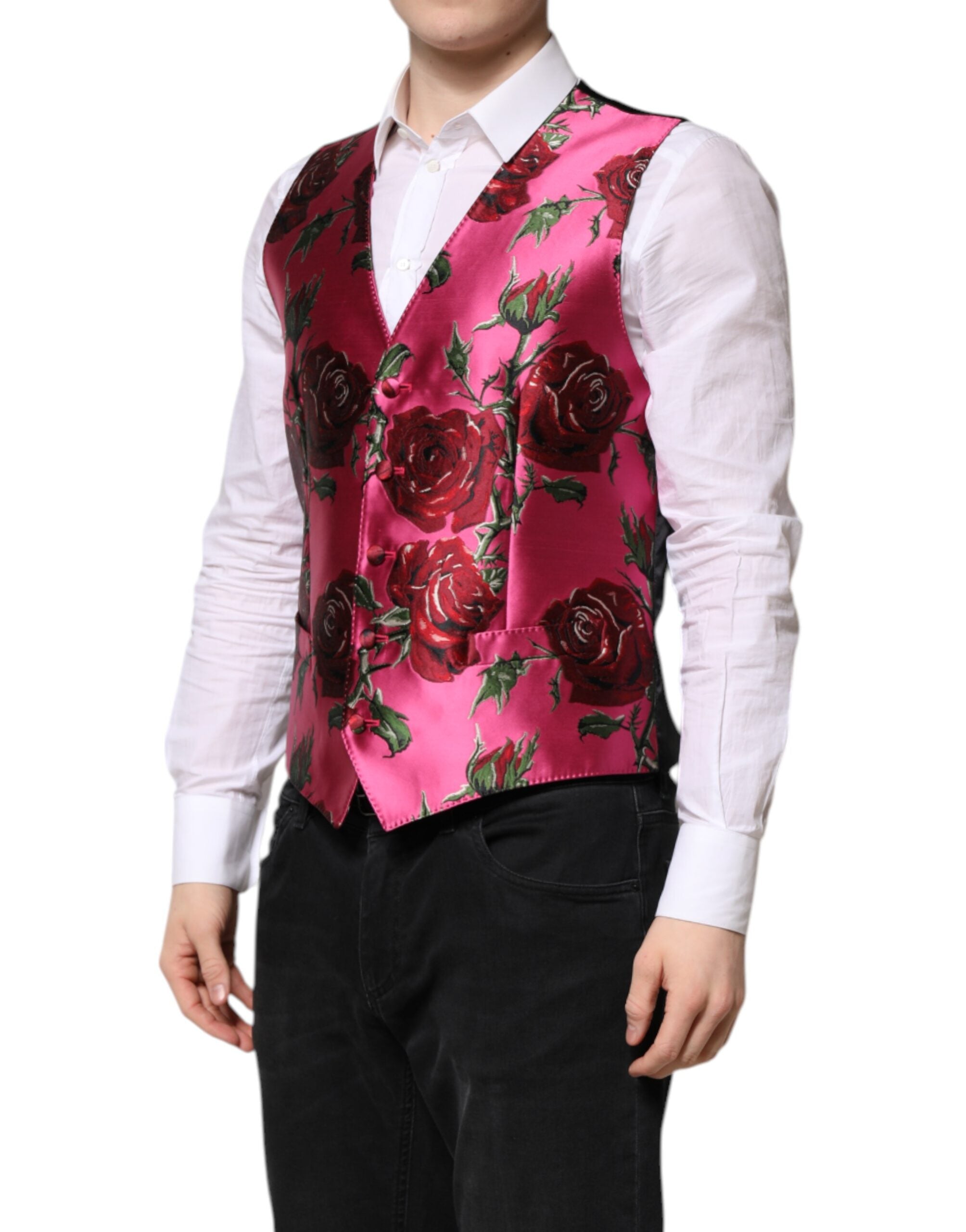 Dolce & Gabbana Pink Floral Satin Formal Men Waistcoat Vest Dolce & Gabbana
