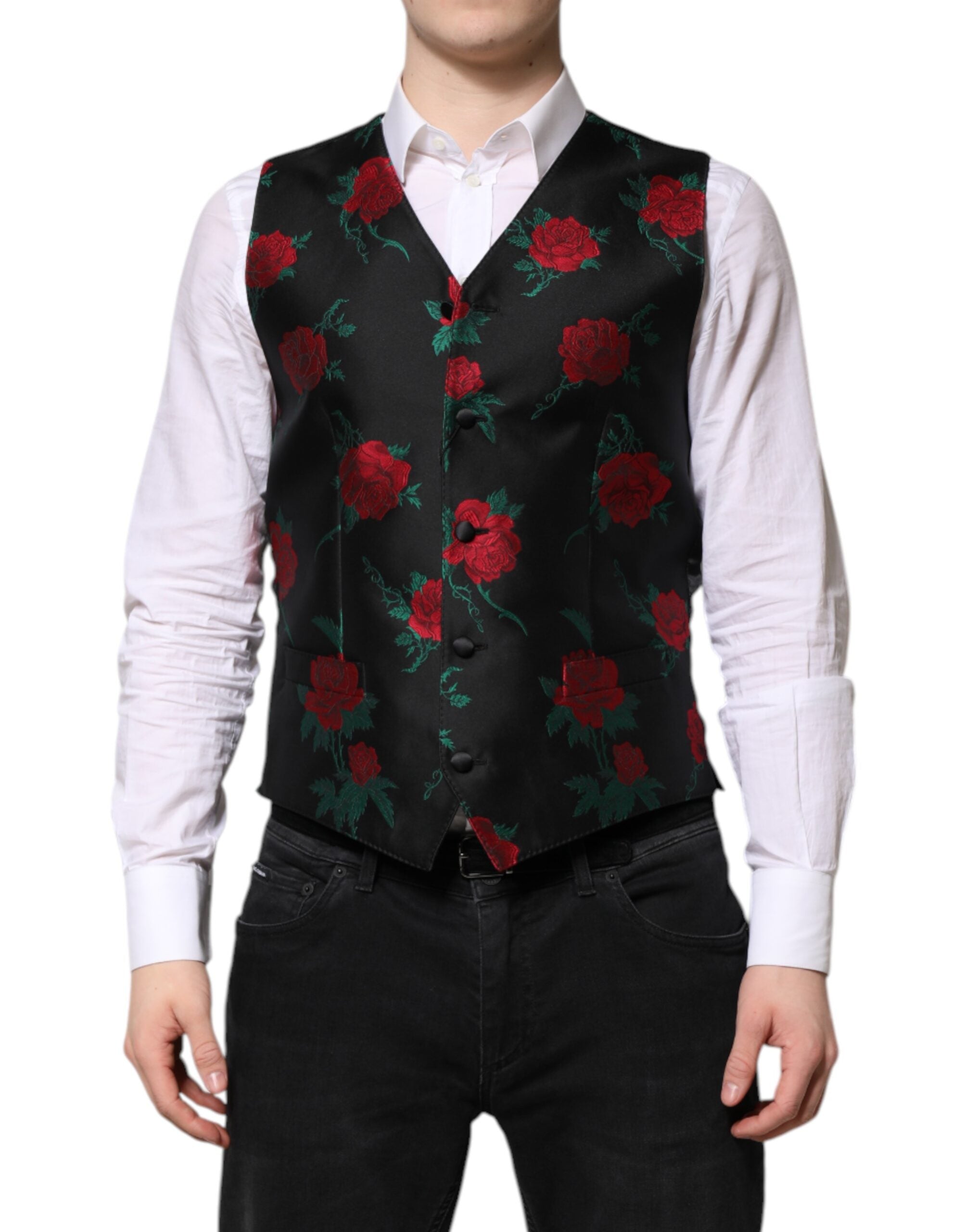 Dolce & Gabbana Red Floral Brocade Formal Men Waistcoat Vest Dolce & Gabbana