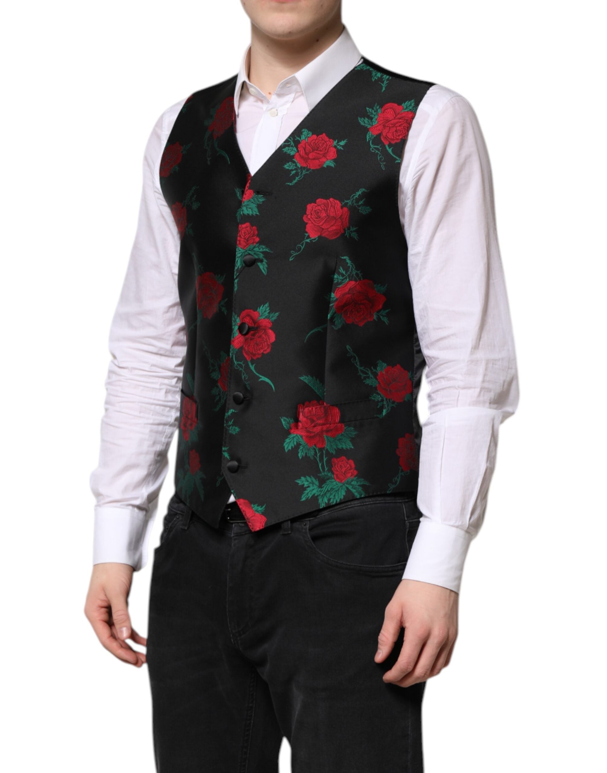 Dolce & Gabbana Red Floral Brocade Formal Men Waistcoat Vest Dolce & Gabbana