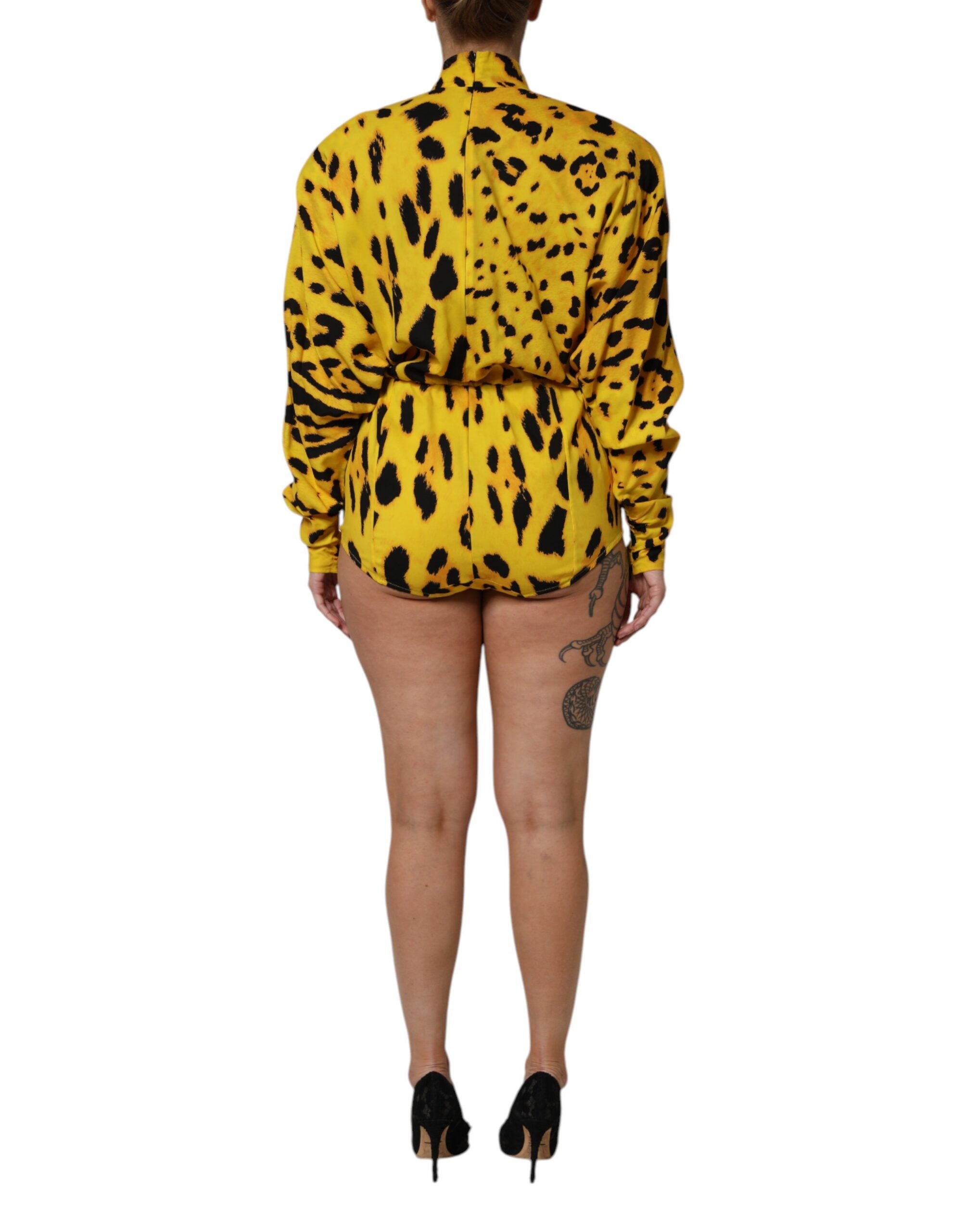 Dolce & Gabbana Yellow Leopard Long Sleeves Jumpsuit Dress Dolce & Gabbana