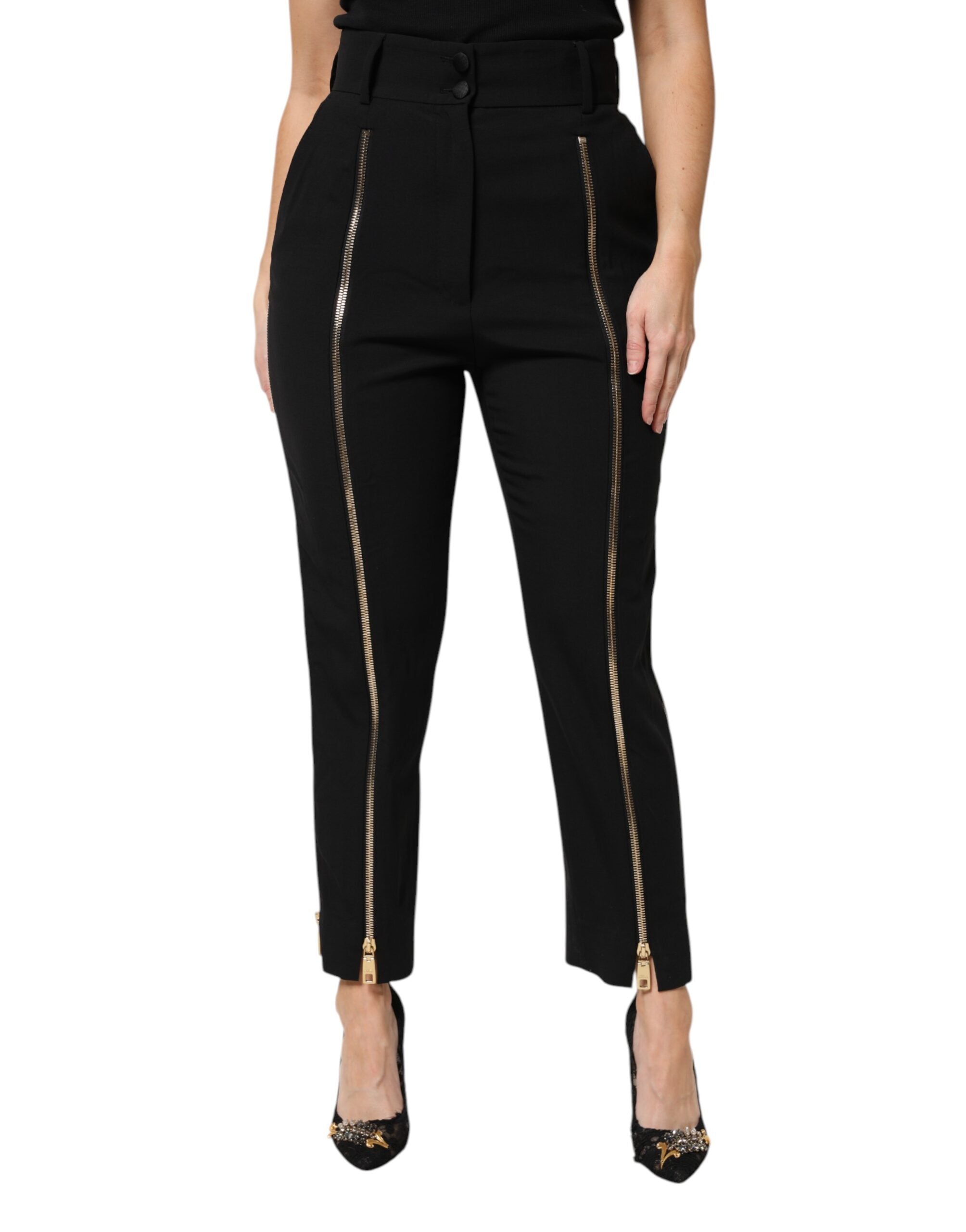 Dolce & Gabbana Black Wool High Waist Zipper Tapered Pants Dolce & Gabbana