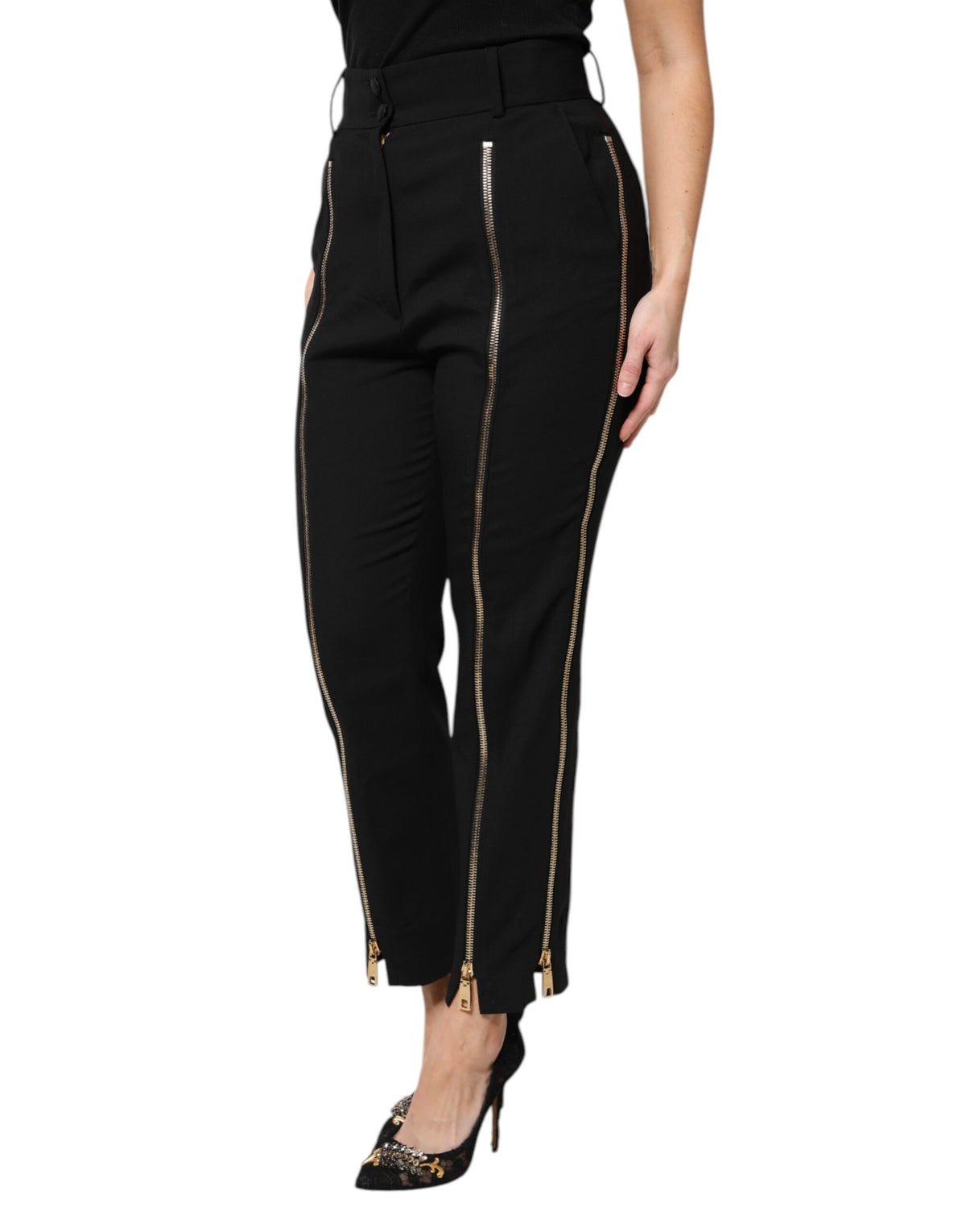 Dolce & Gabbana Black Wool High Waist Zipper Tapered Pants