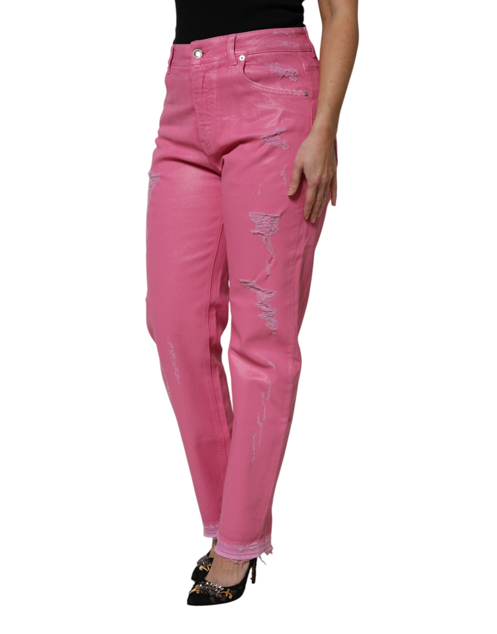 Dolce & Gabbana Pink Tattered Mid Waist Tapered Denim Jeans Dolce & Gabbana