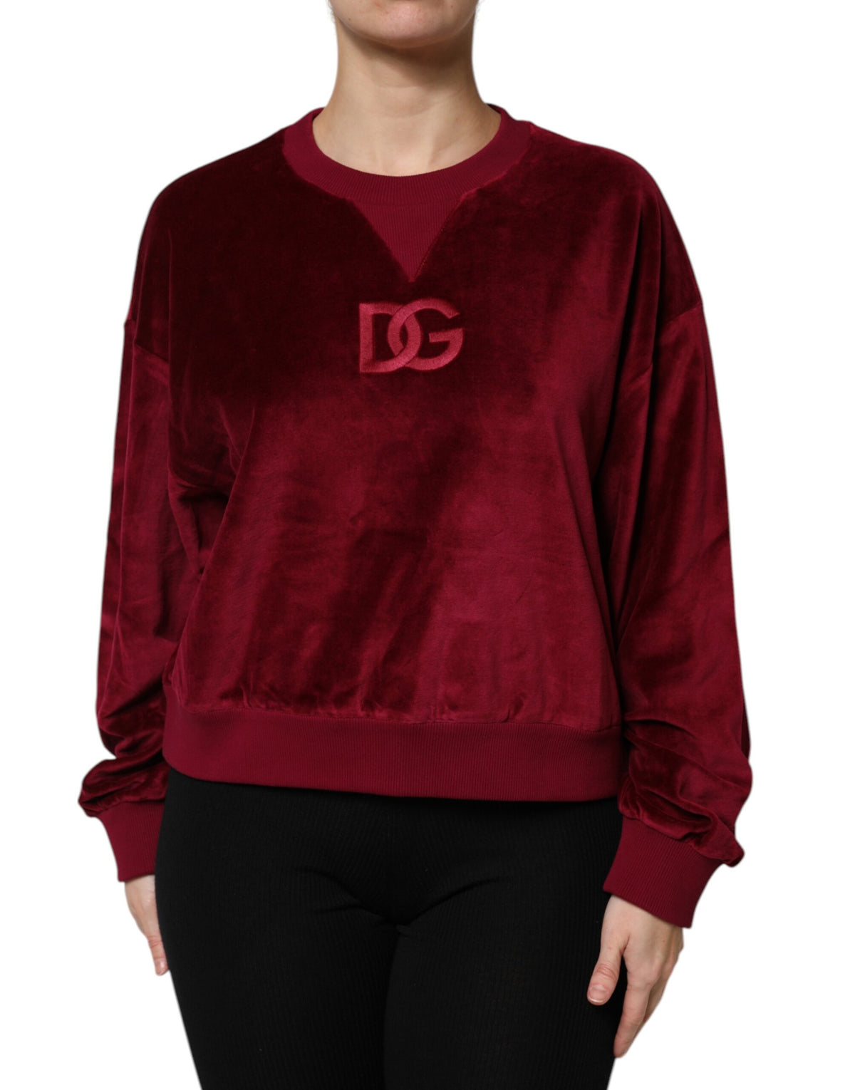 Dolce & Gabbana Red Cotton Velvet Crew Neck Pullover Sweater