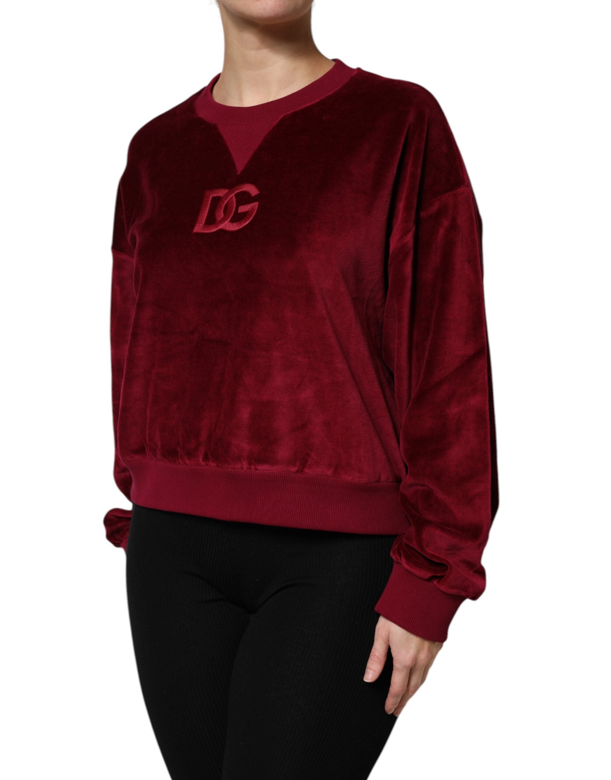 Dolce & Gabbana Red Cotton Velvet Crew Neck Pullover Sweater Dolce & Gabbana