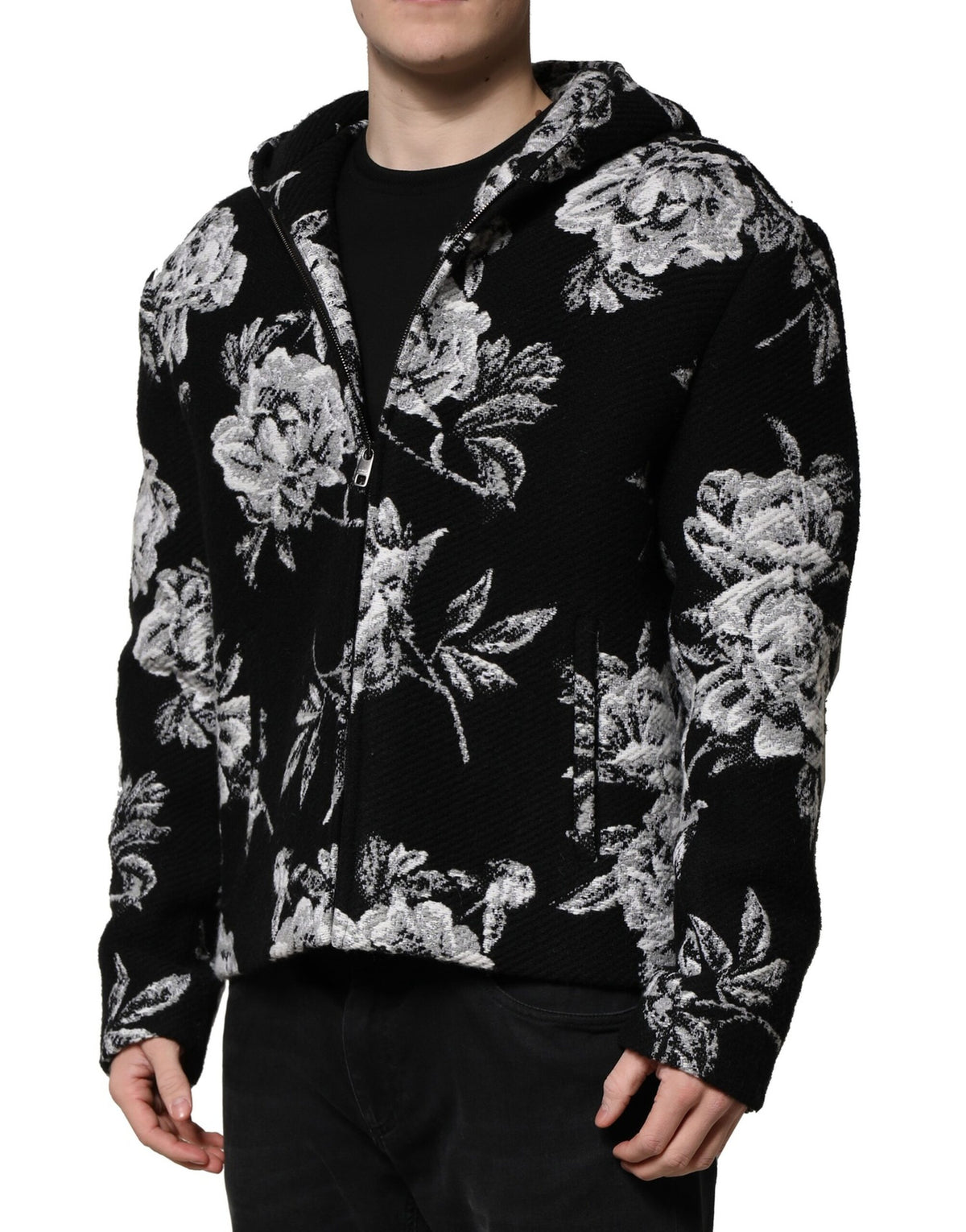 Dolce & Gabbana Black Wool Floral Printed Men Hooded Jacket