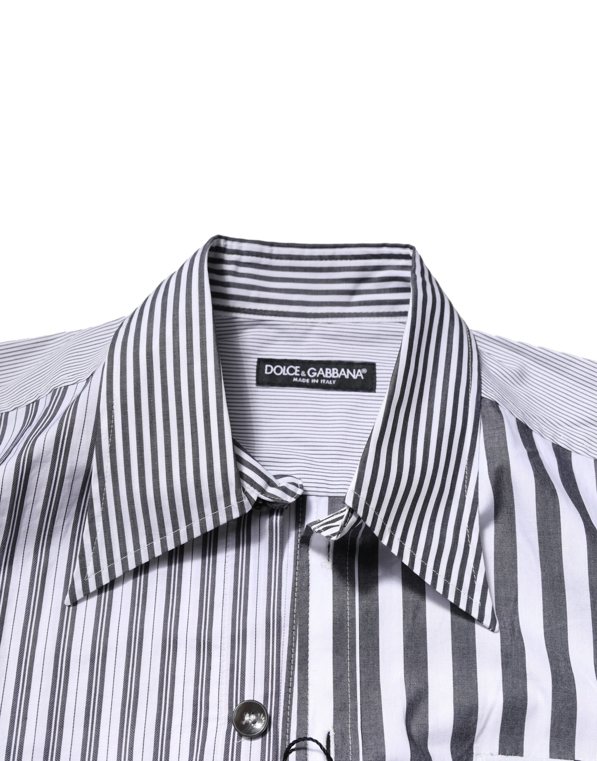 Dolce & Gabbana White Gray Striped Cotton Men Casual Shirt Dolce & Gabbana