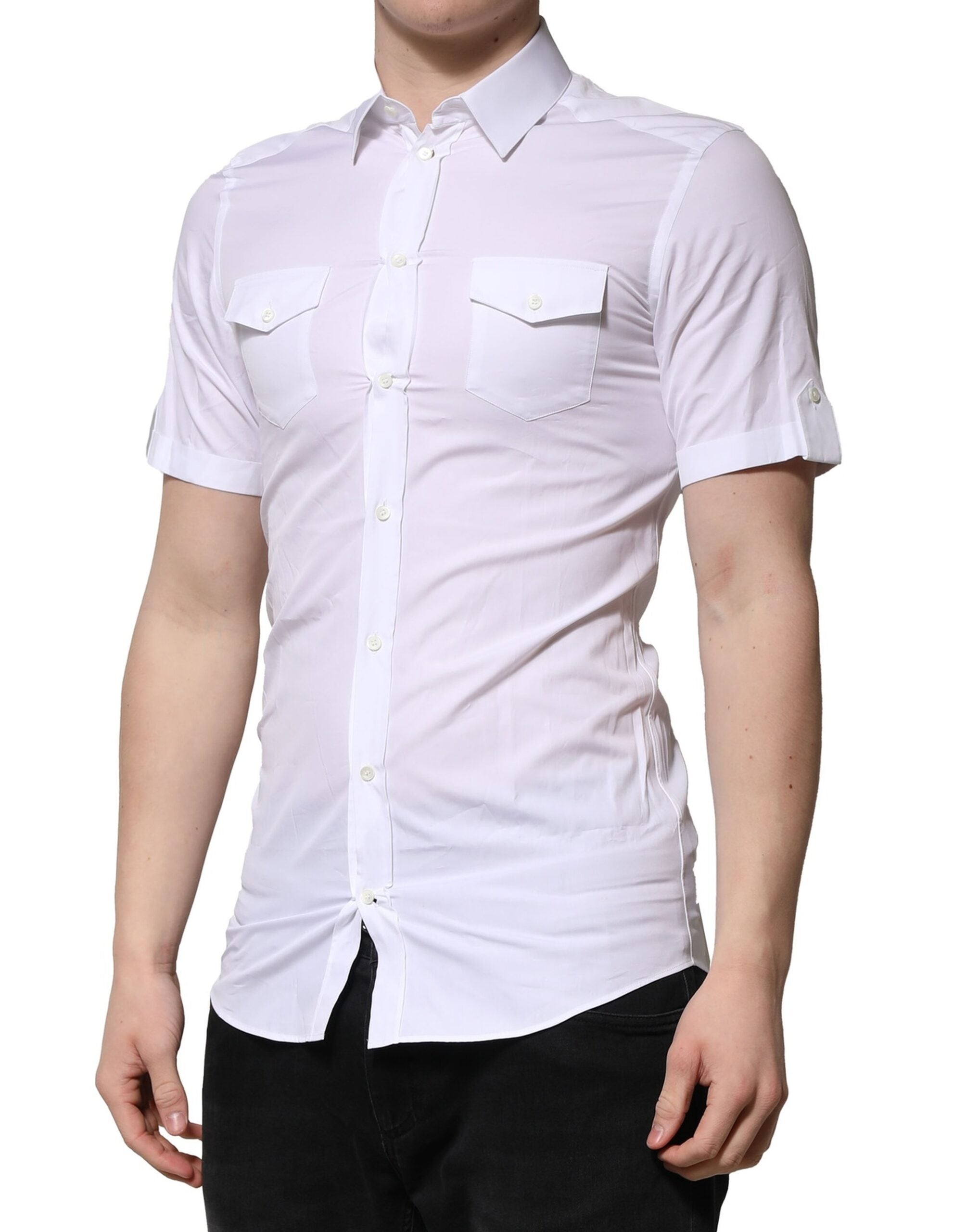 Dolce & Gabbana White Cotton Short Sleeves GOLD Casual Shirt Dolce & Gabbana