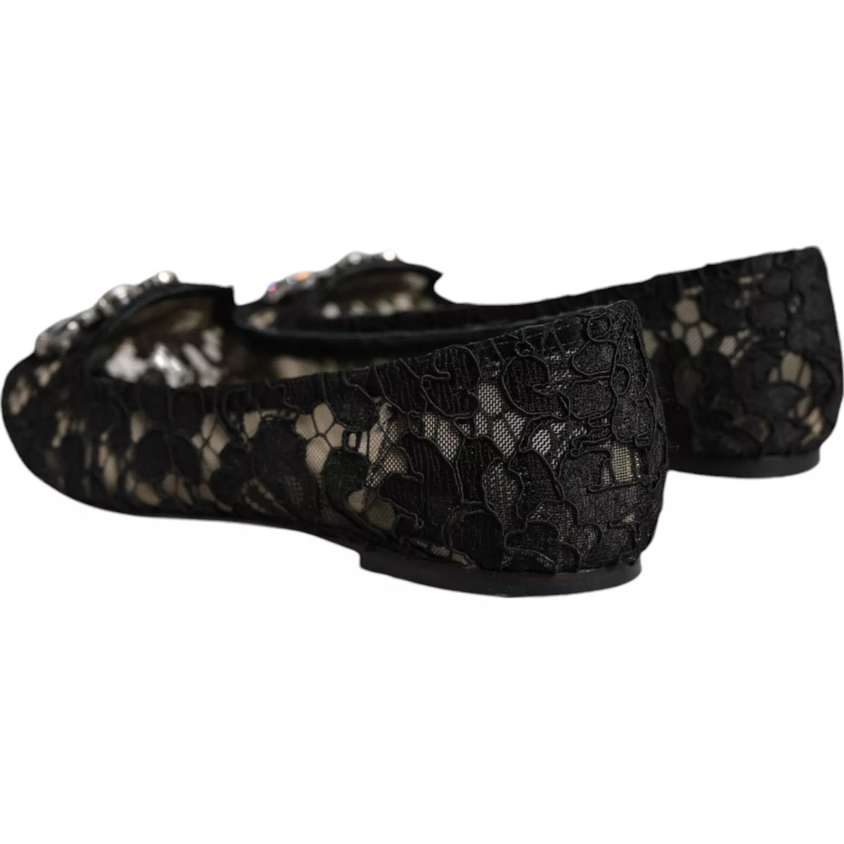 Dolce & Gabbana Black Lace Crystal Ballet Flats Loafer Shoes