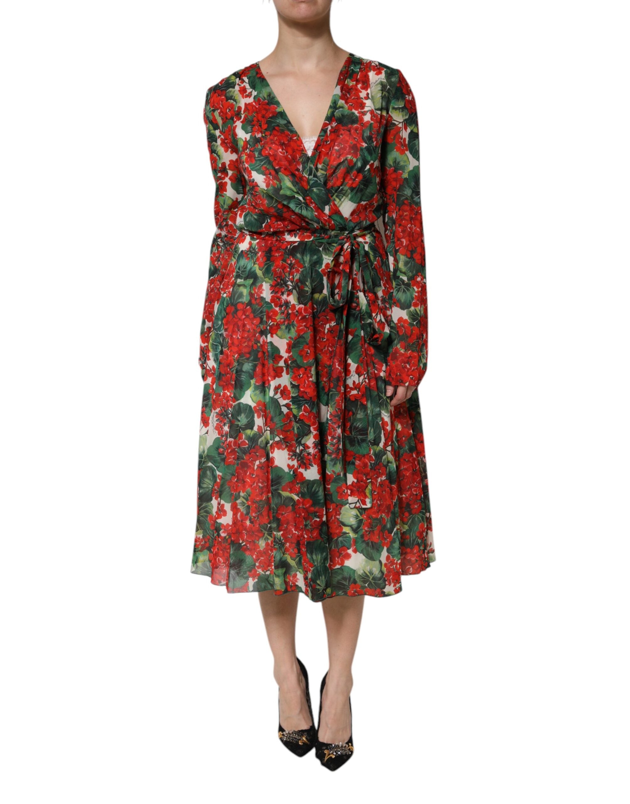 Dolce & Gabbana Multicolor Floral Long Sleeves V-neck Dress Dolce & Gabbana