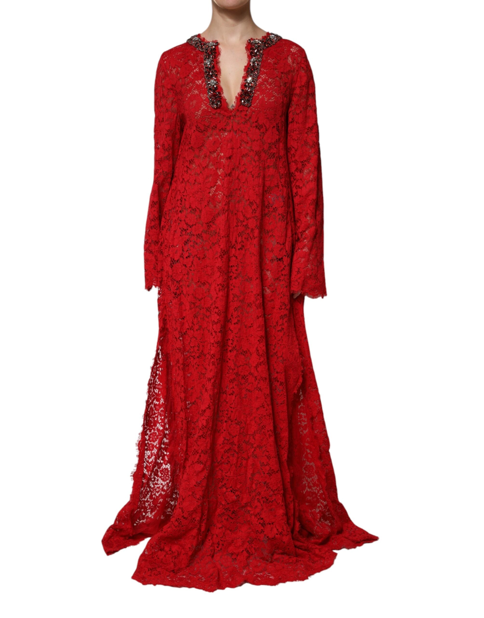 Dolce & Gabbana Red Floral Lace Rhinestone Embellished Dress Dolce & Gabbana