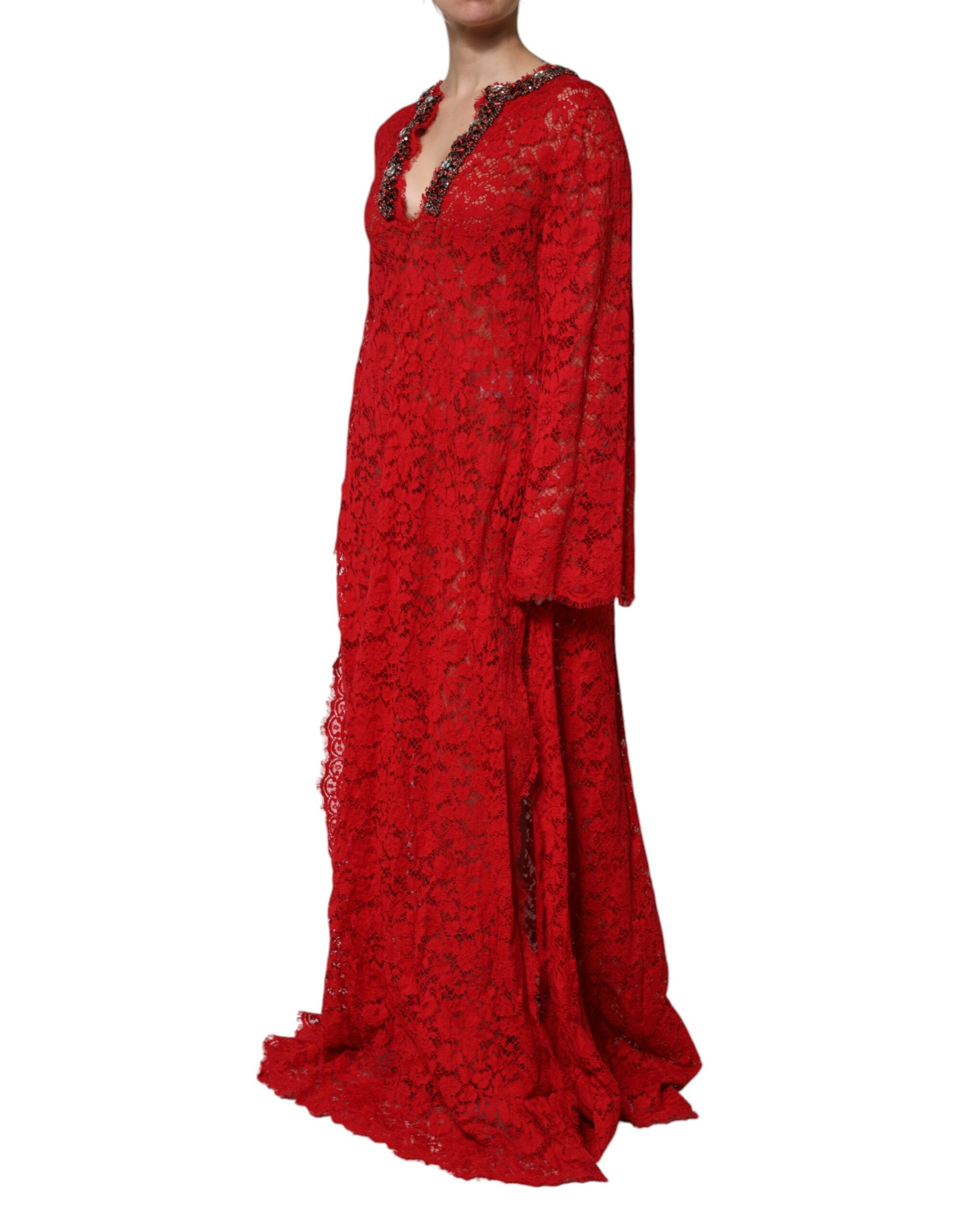 Dolce & Gabbana Red Floral Lace Rhinestone Embellished Dress Dolce & Gabbana