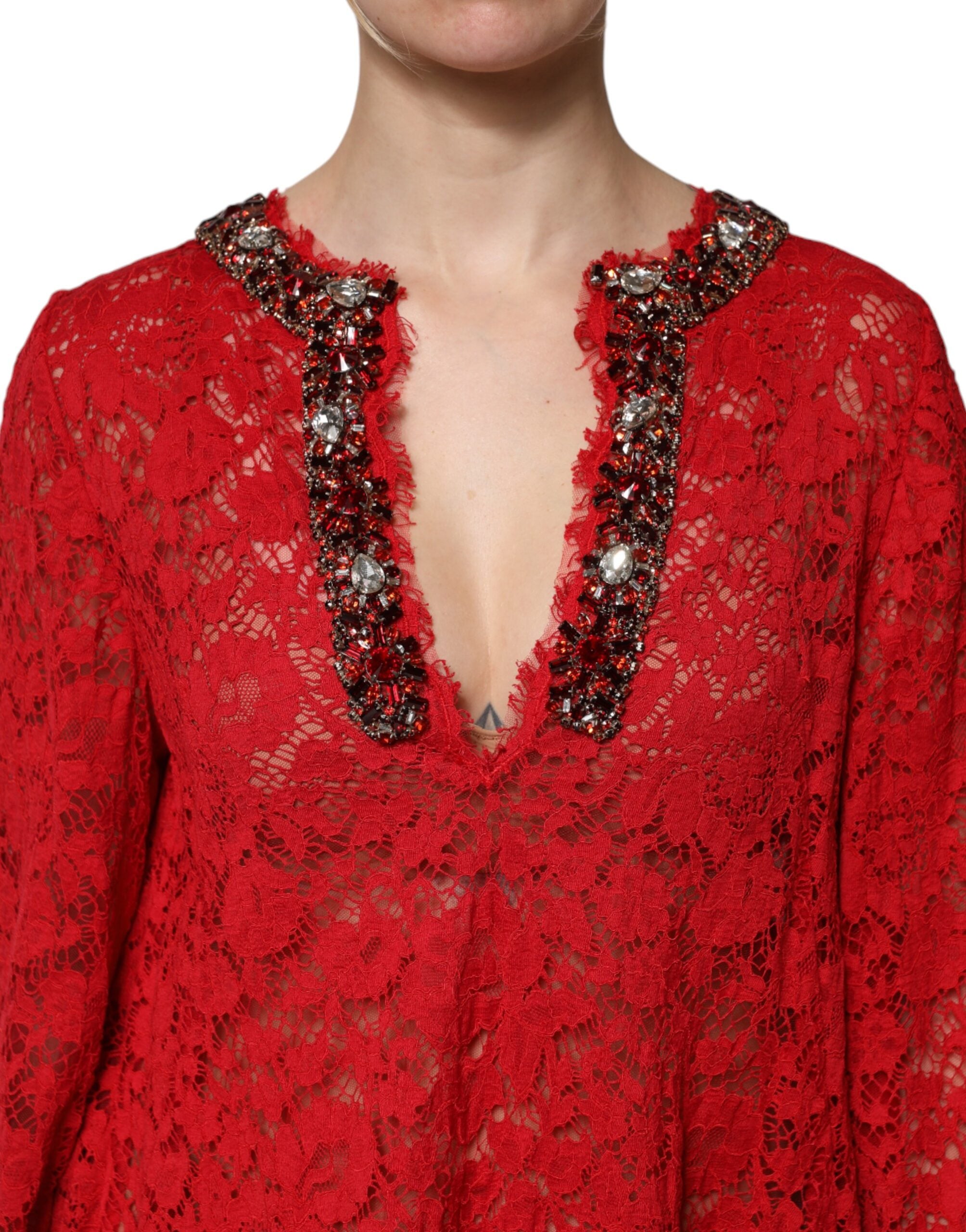 Dolce & Gabbana Red Floral Lace Rhinestone Embellished Dress Dolce & Gabbana