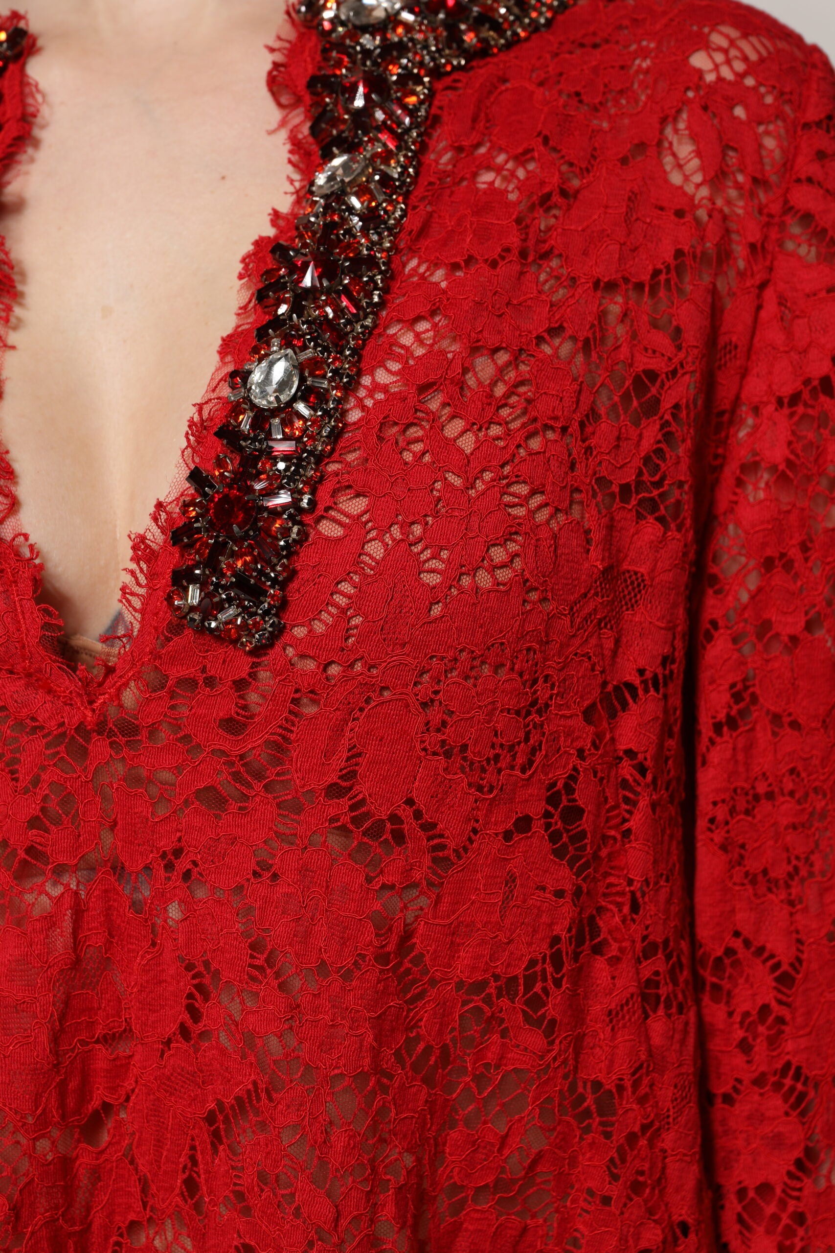Dolce & Gabbana Red Floral Lace Rhinestone Embellished Dress Dolce & Gabbana