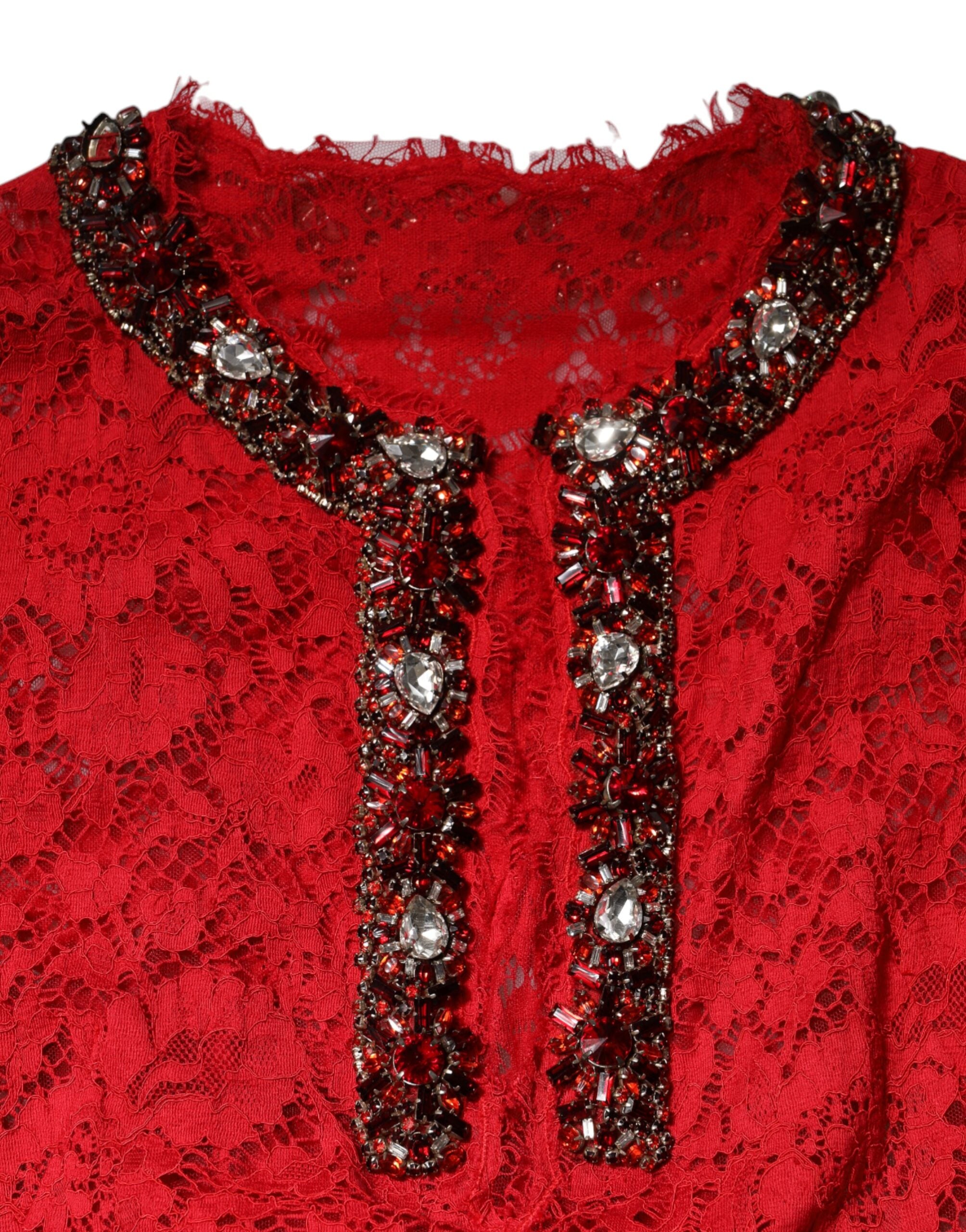 Dolce & Gabbana Red Floral Lace Rhinestone Embellished Dress Dolce & Gabbana