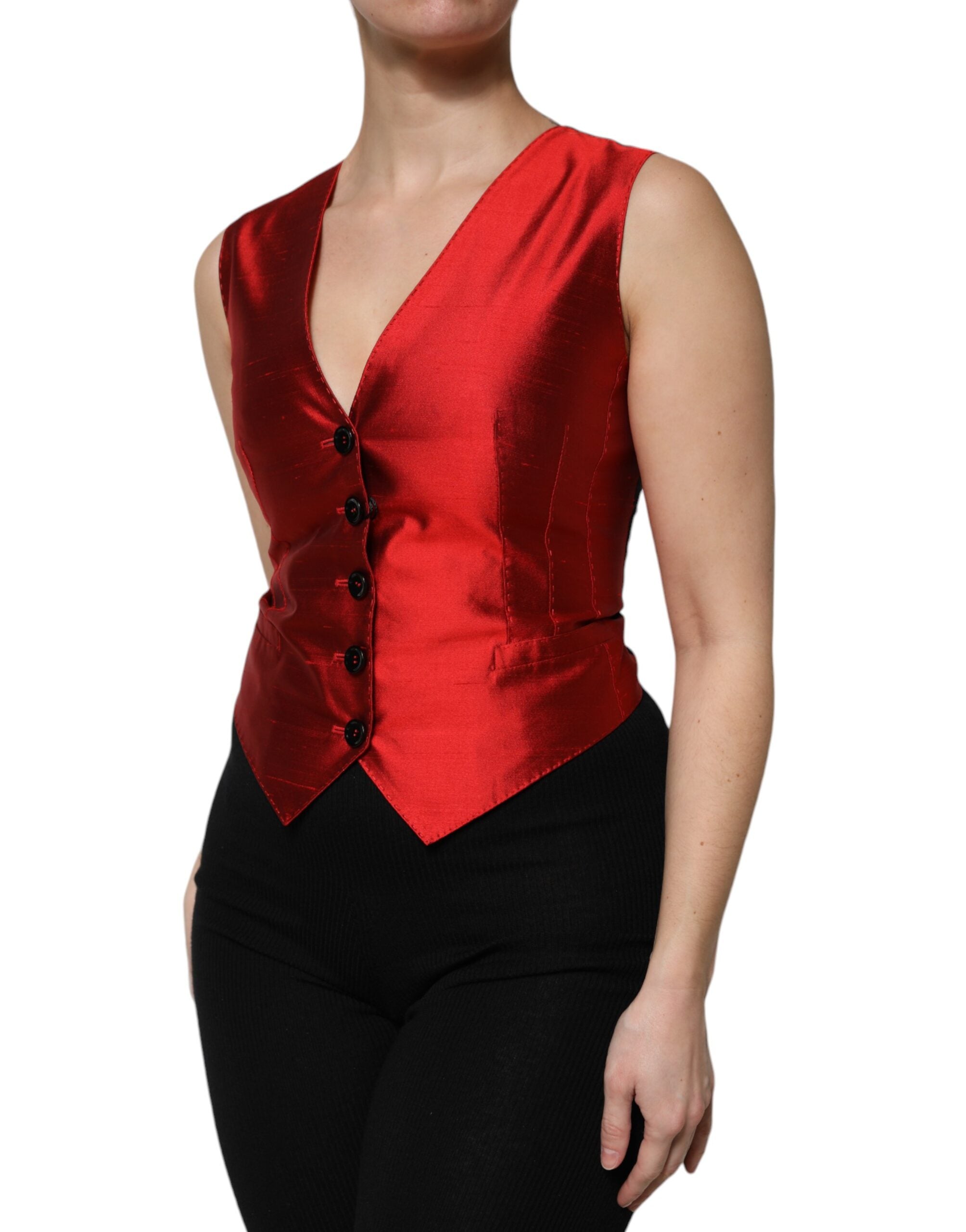 Dolce & Gabbana Red Black Button Down Sleeveless Vest Top Dolce & Gabbana