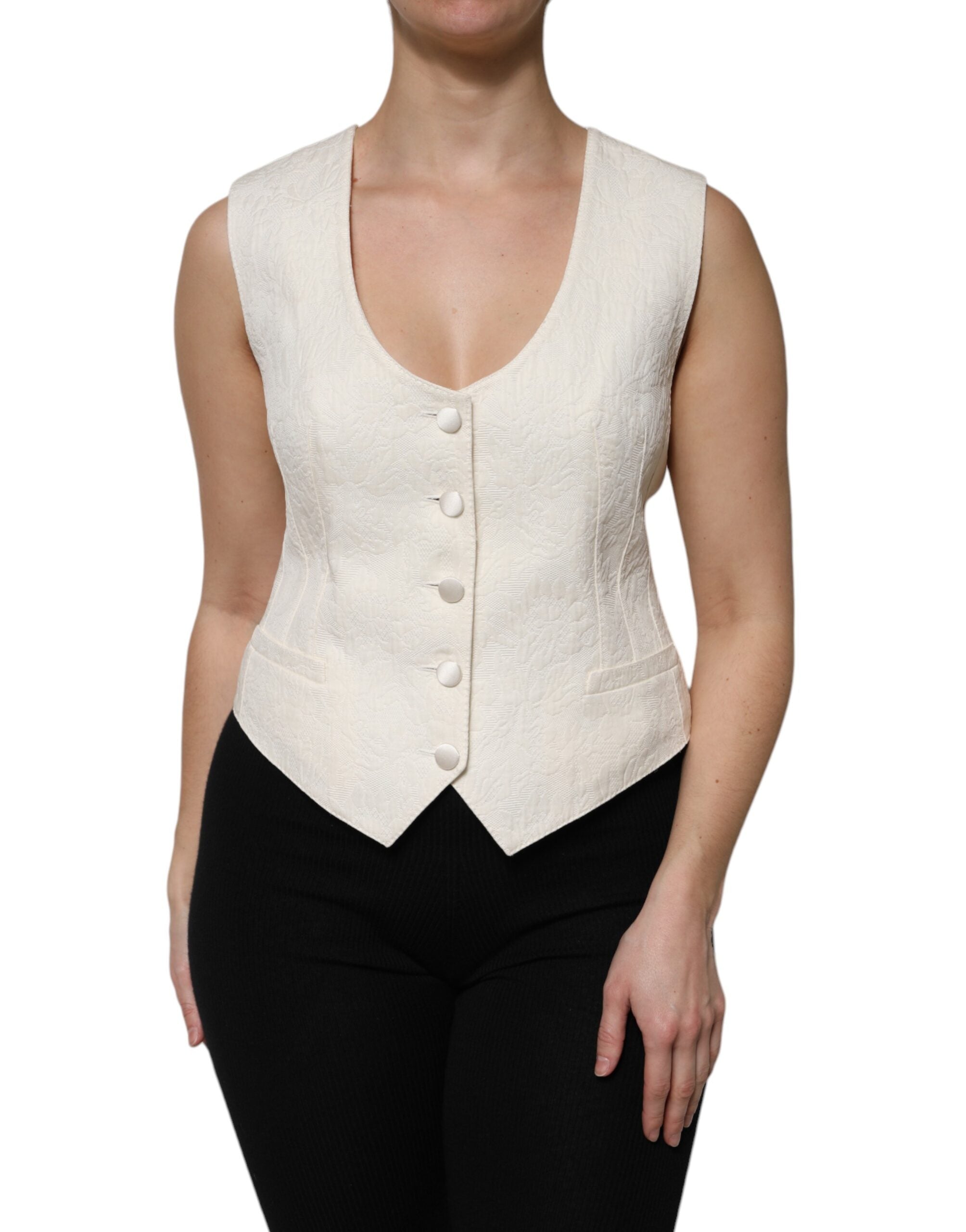 Dolce & Gabbana Ivory Cotton Button Down Sleeveless Vest Top Dolce & Gabbana